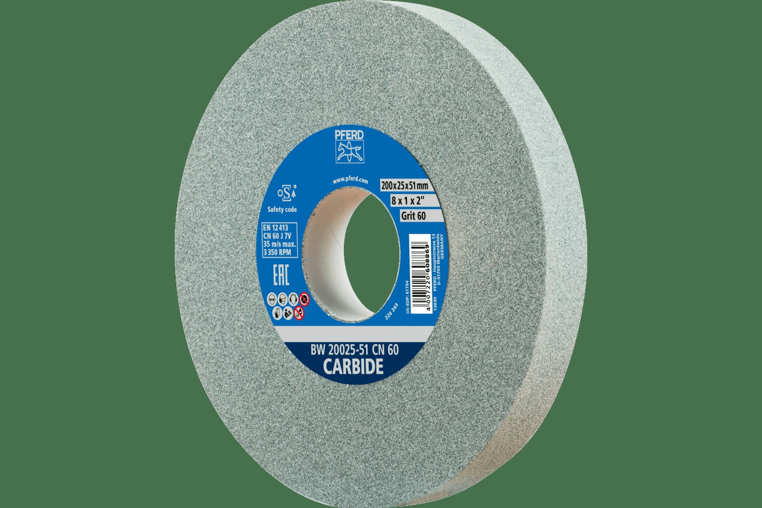 PFERD TOOLS Meule de touret vitrifiée, Carbure, 8" x 1 x 2, 60 Grain, Carbure de silicium