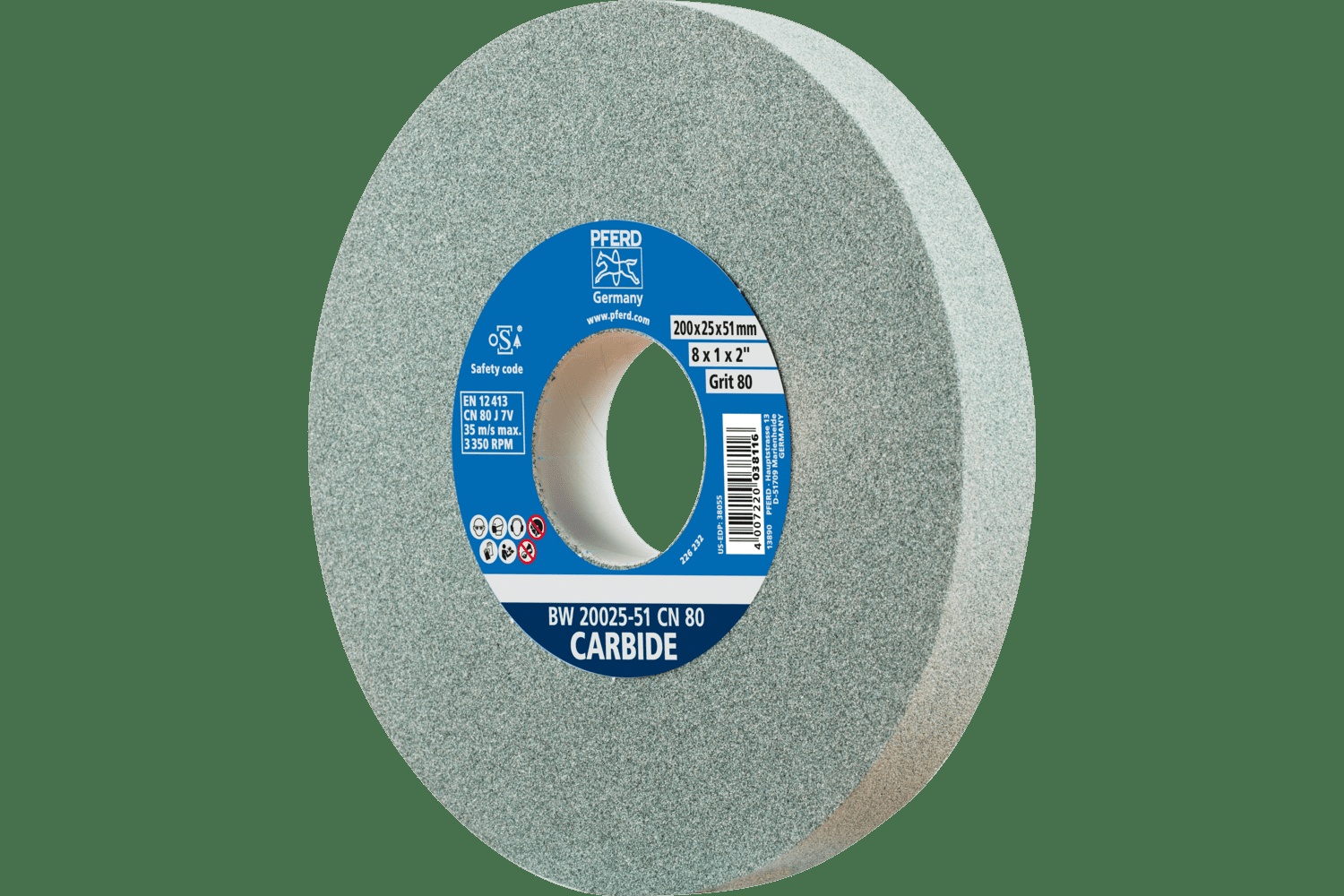 PFERD TOOLS Meule de touret vitrifiée, Carbure, 8" x 1 x 2, 80 Grain, Carbure de silicium
