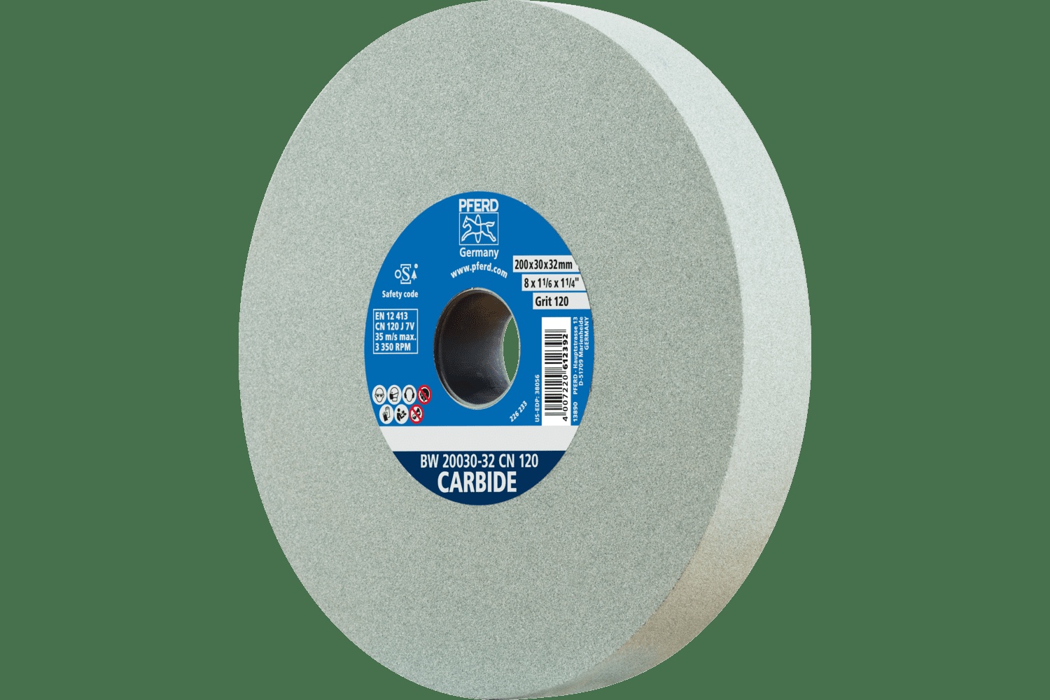PFERD TOOLS Meule de touret vitrifiée, Carbure, 8" x 1-1/4 x 2, 120 Grain, Carbure de silicium