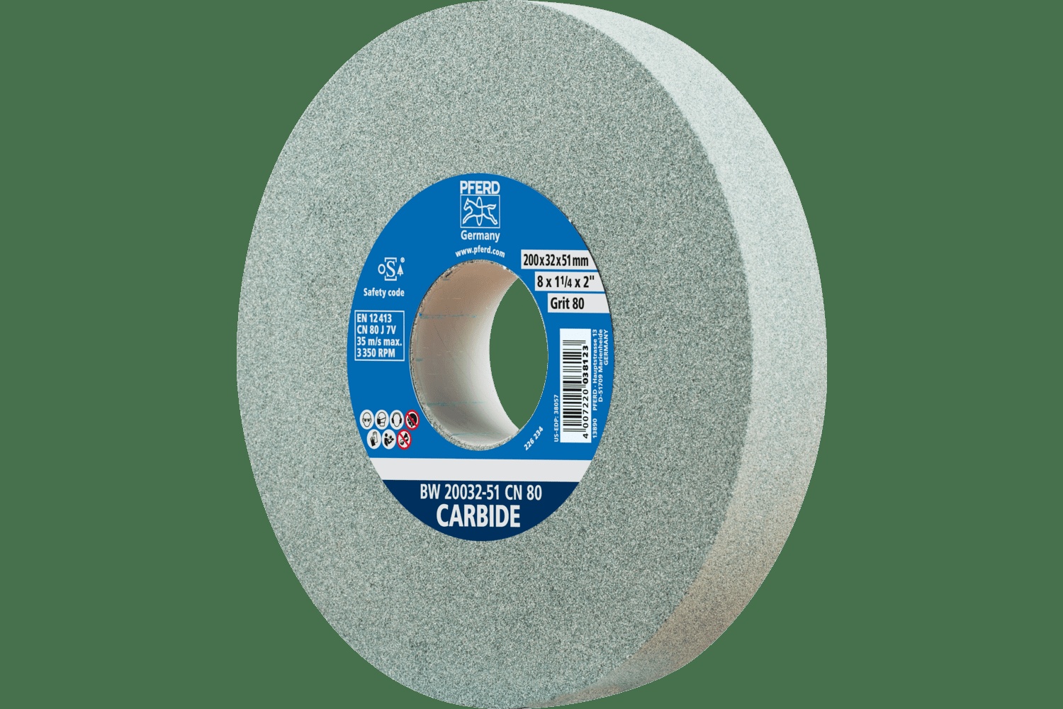 PFERD TOOLS Meule de touret vitrifiée, Carbure, 8" x 1-1/4 x 2, 80 Grain, Carbure de silicium