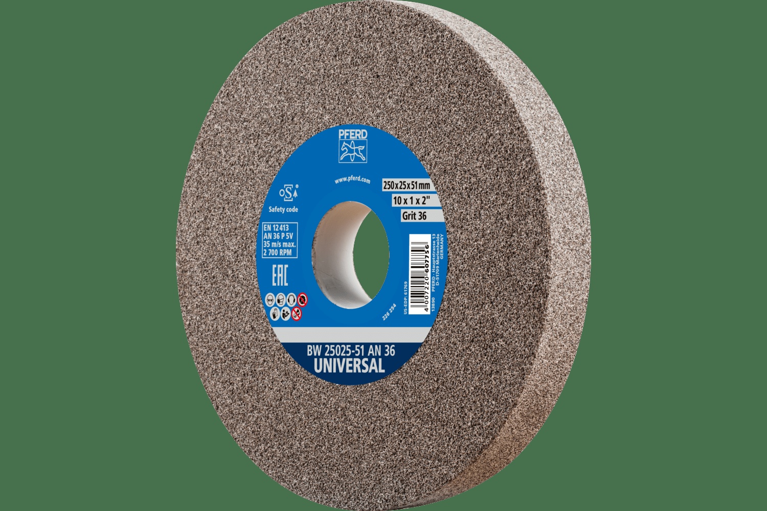 PFERD TOOLS Meule de touret vitrifiée, Universel, 10" x 1 x 2, 36 Grain, Oxyde d'aluminium