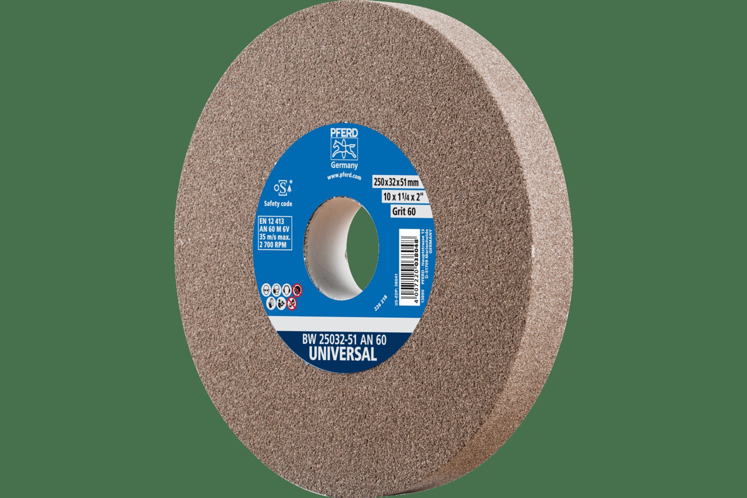 PFERD TOOLS Meule de touret vitrifiée, Universel, 10" x 1-1/4 x 2, 60 Grain, Oxyde d'aluminium