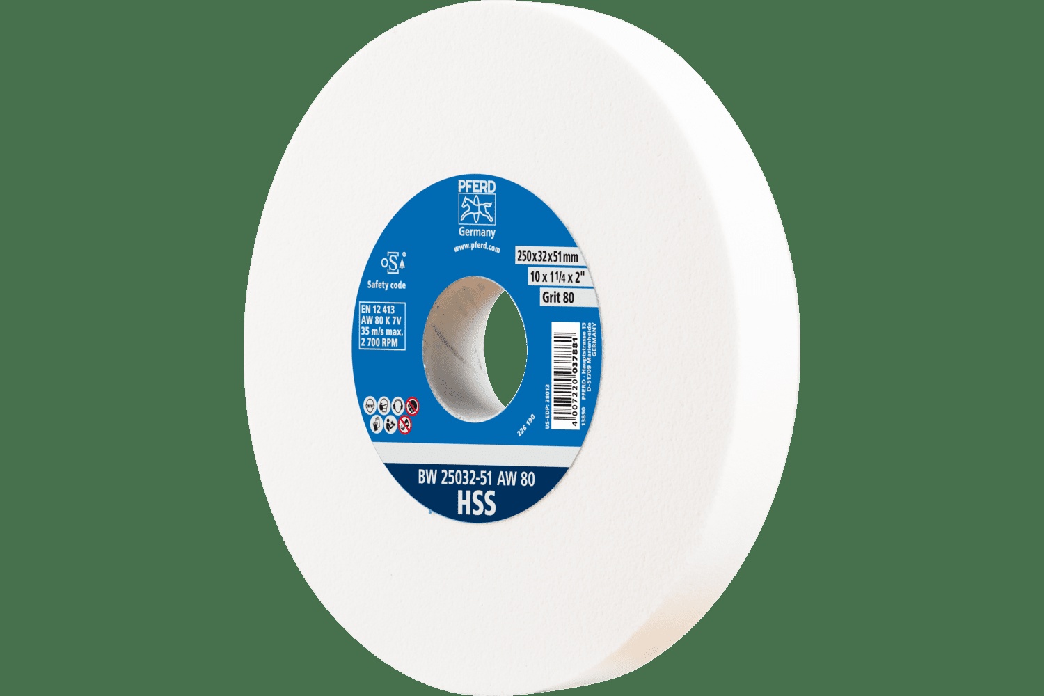 PFERD TOOLS Meule de touret vitrifiée, HSS, 10" x 1-1/4 x 2, 80 Grain, Oxyde d'aluminium