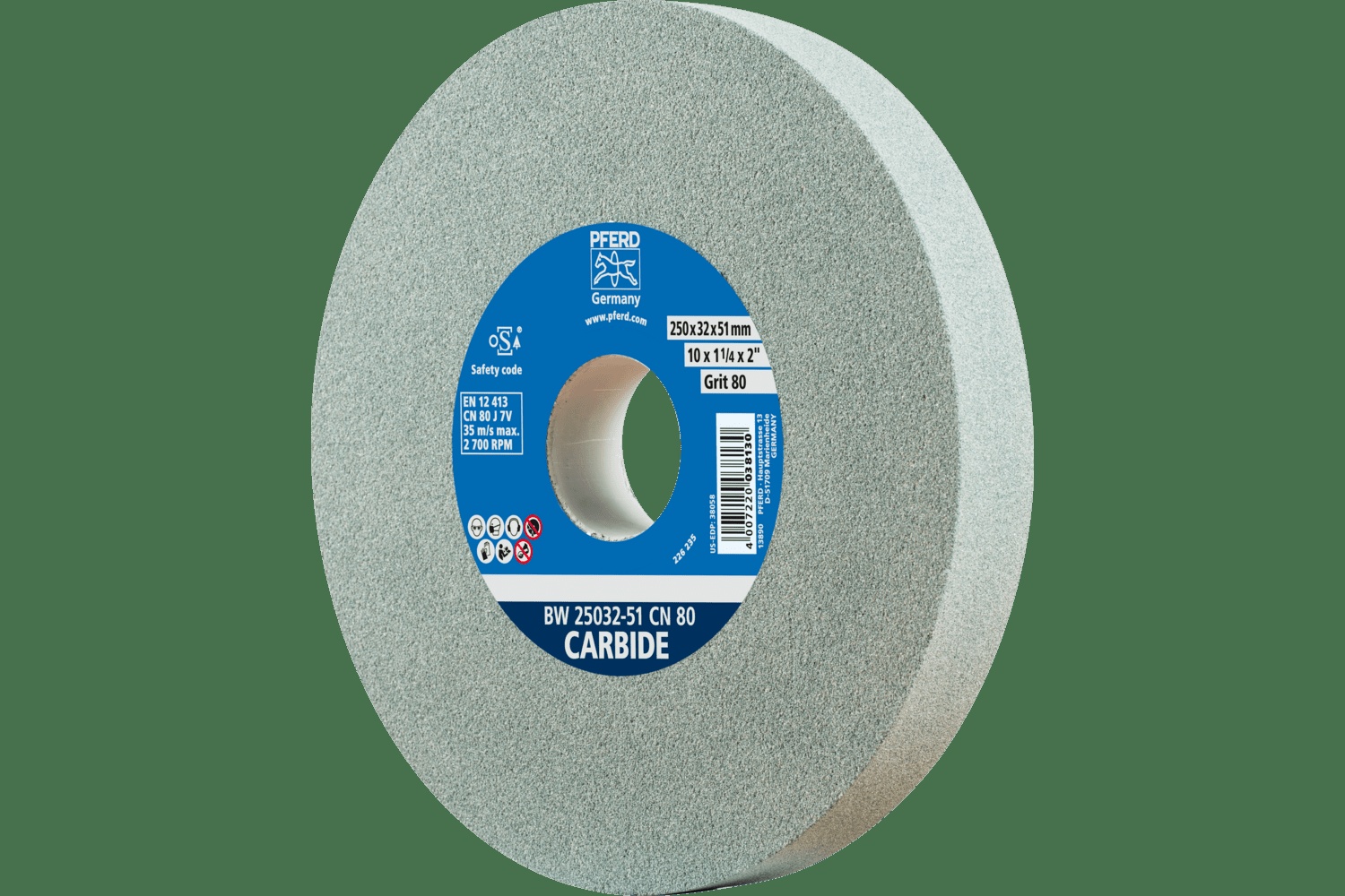 PFERD TOOLS Meule de touret vitrifiée, Carbure, 10" x 1-1/4 x 2, 80 Grain, Carbure de silicium