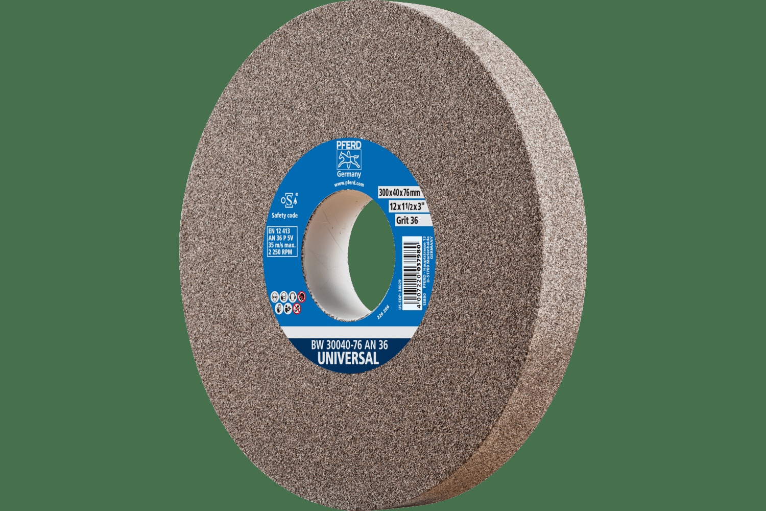 PFERD TOOLS Meule de touret vitrifiée, Universel, 12" x 1-1/2 x 3, 36 Grain, Oxyde d'aluminium