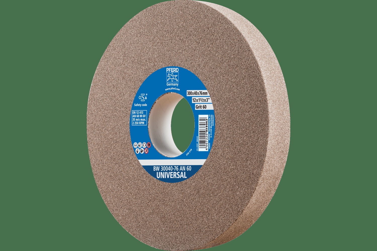 PFERD TOOLS Meule de touret vitrifiée, Universel, 12" x 1-1/2 x 3, 60 Grain, Oxyde d'aluminium