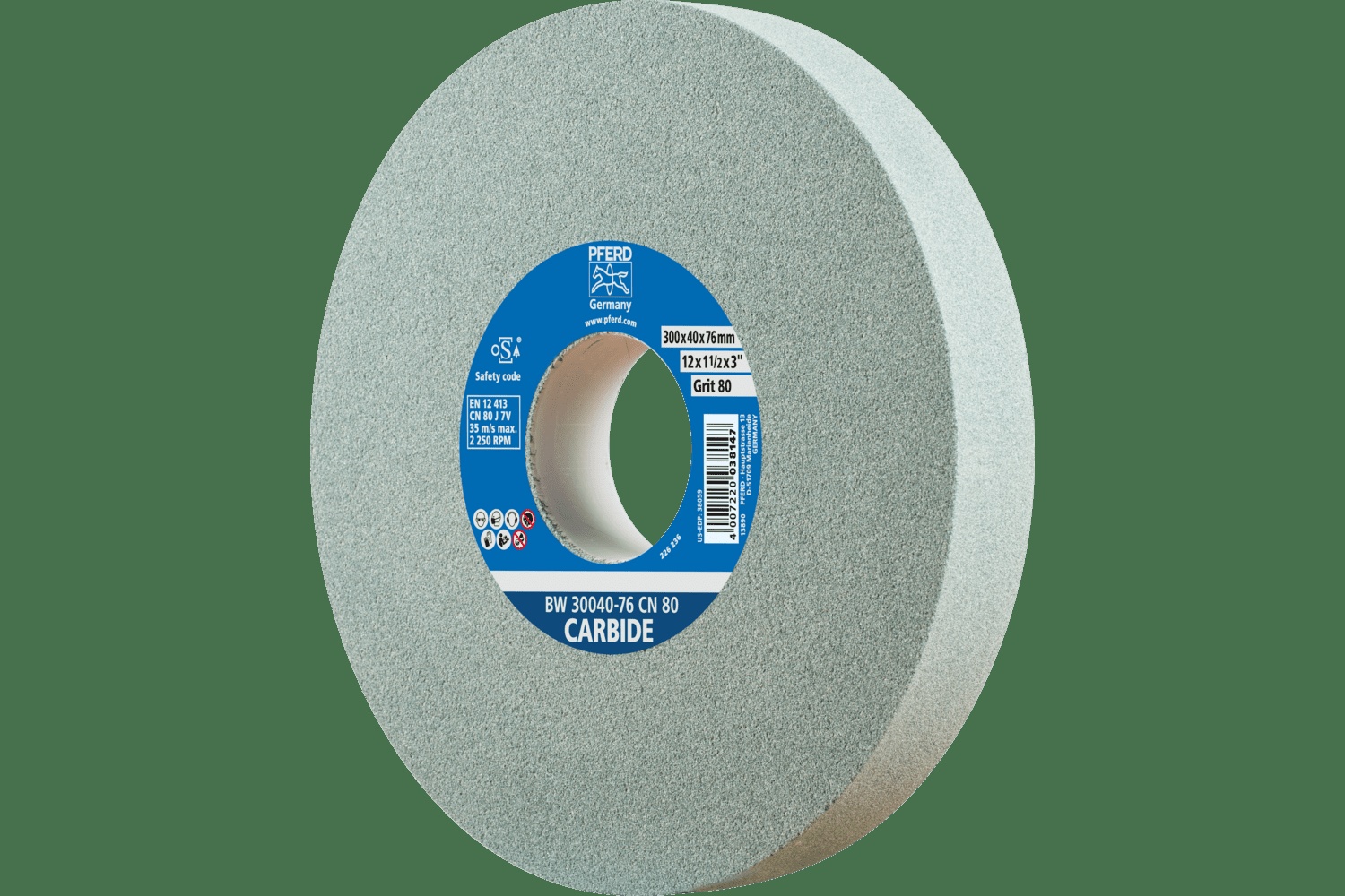 PFERD TOOLS Meule de touret vitrifiée, Carbure, 12" x 1-1/2 x 3, 80 Grain, Carbure de silicium
