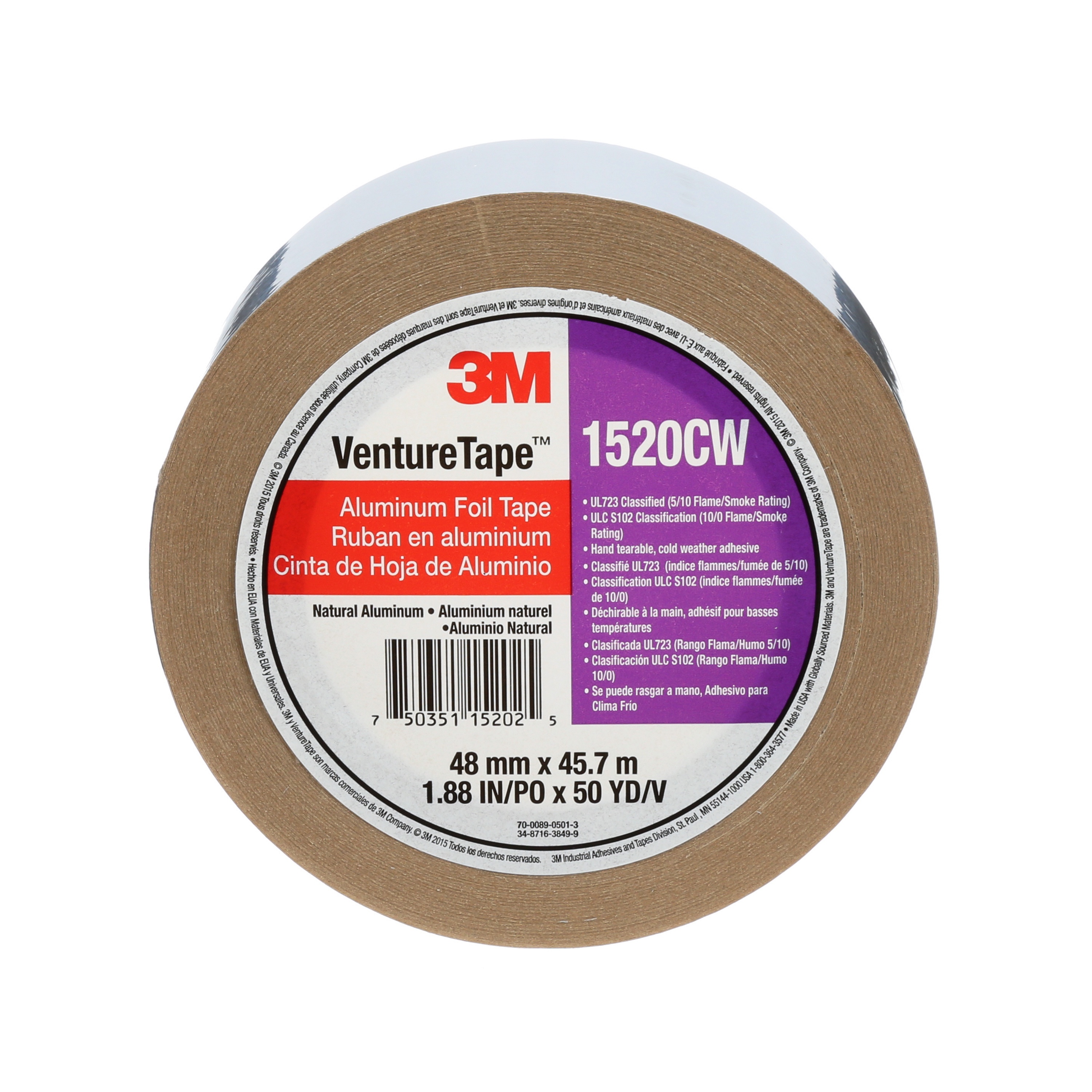 Ruban en pellicule d’aluminium Venture Tape(MC) 3M(MC),1520CW, 1,8 mil, aluminium naturel, 48 mm x 45,7 m (1,88 po x 50 v)