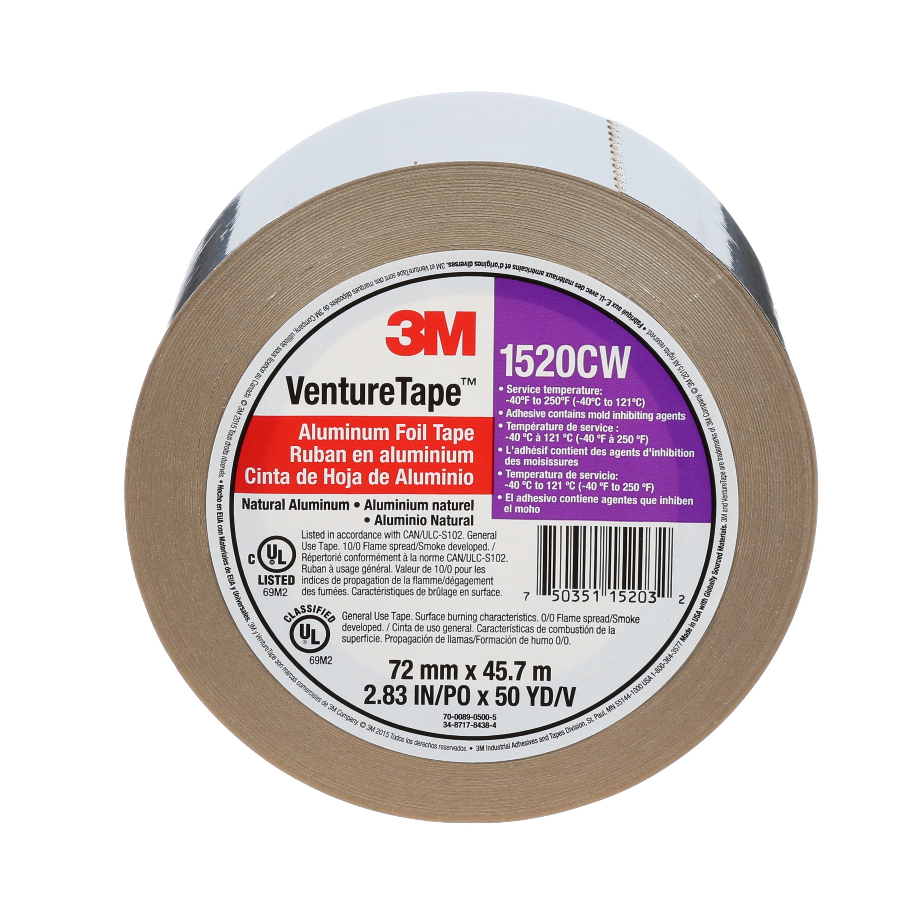 Ruban en pellicule d’aluminium Venture Tape(MC) 3M(MC),1520CW, 1,8 mil, aluminium naturel, 72 mm x 45,7 m (2,8 po x 50 v)