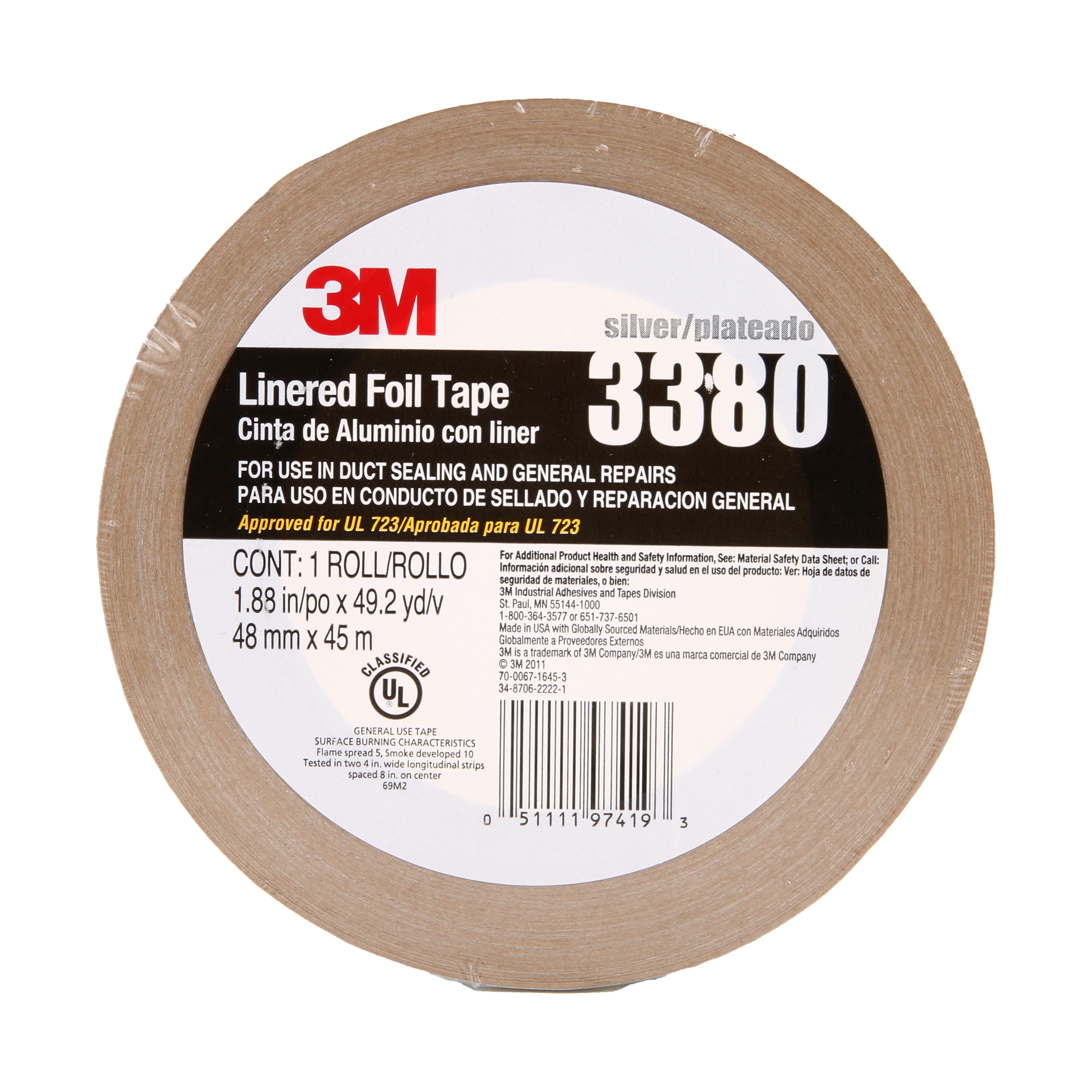 Ruban aluminium 3M(MC) 3380, argent, 48 mm x 45 m, 3,25 mil (0,08 mm), 24 rouleaux/carton