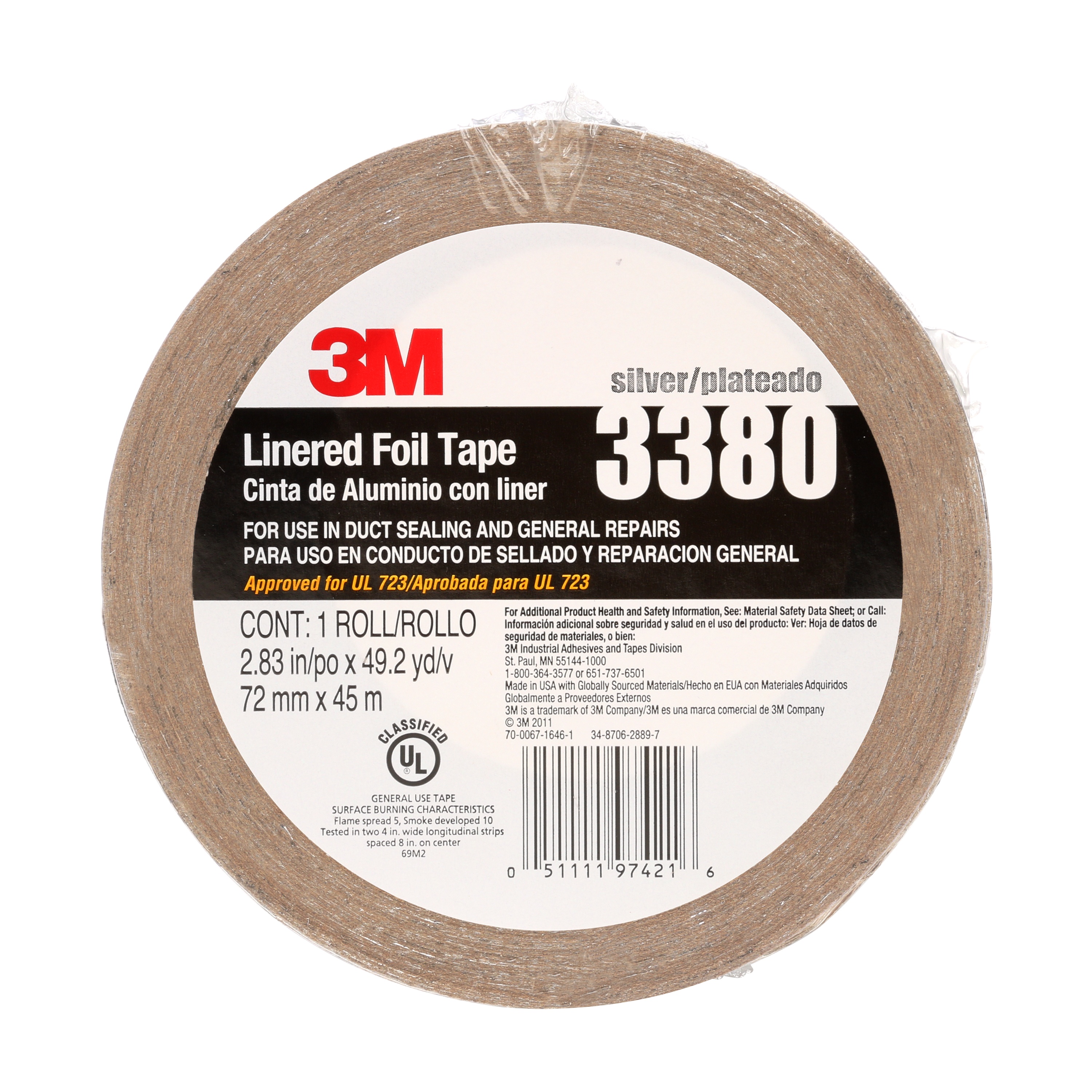 Ruban aluminium 3M(MC) 3380, argent, 72 mm x 45 m, 3,25 mil (0,08 mm), 16 rouleaux/carton