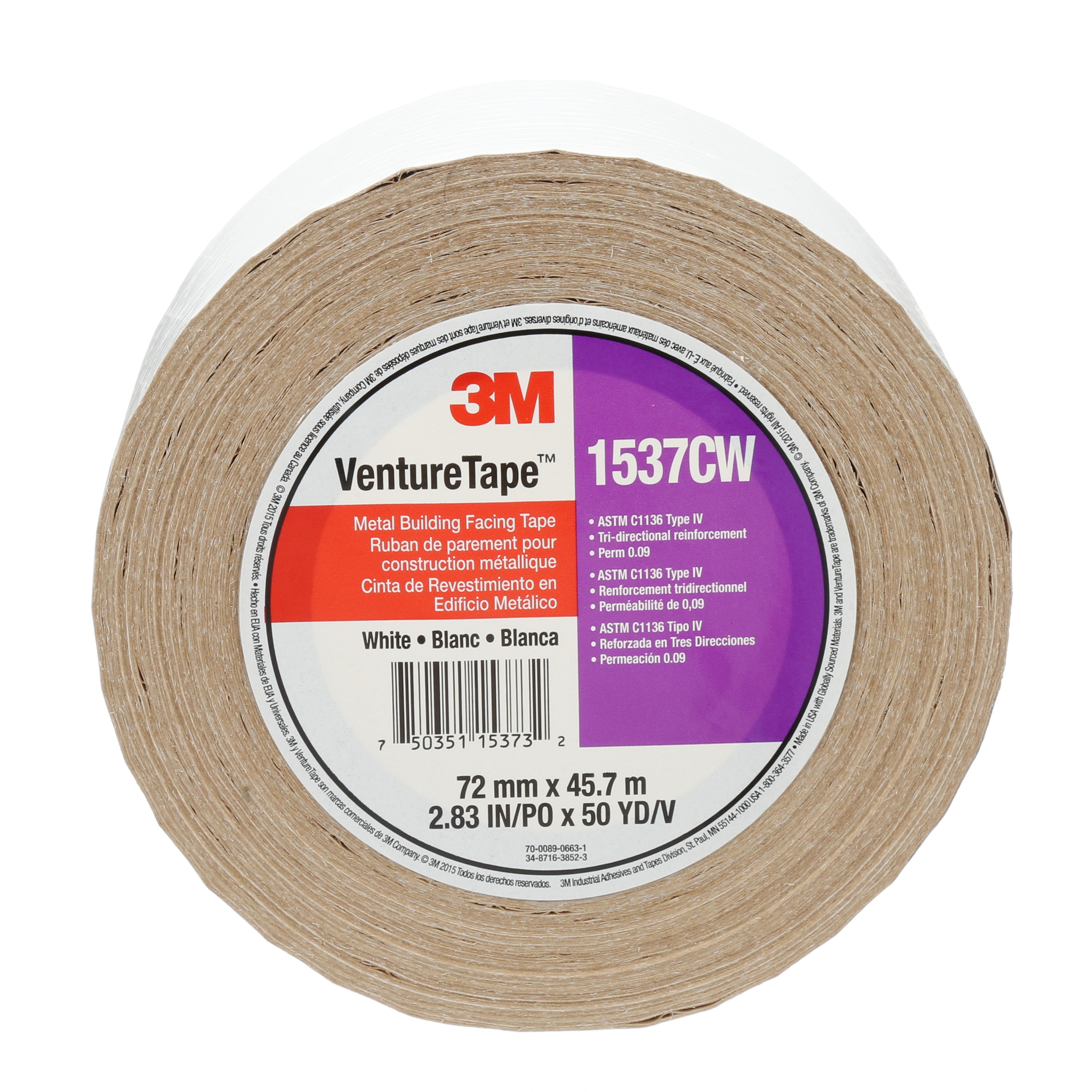 Ruban de parement pour panneaux de construction métalliques 1537CW Venture Tape(MC) 3M(MC), blanc, 72 mm x 45,7 m, 16 rouleaux par caisse