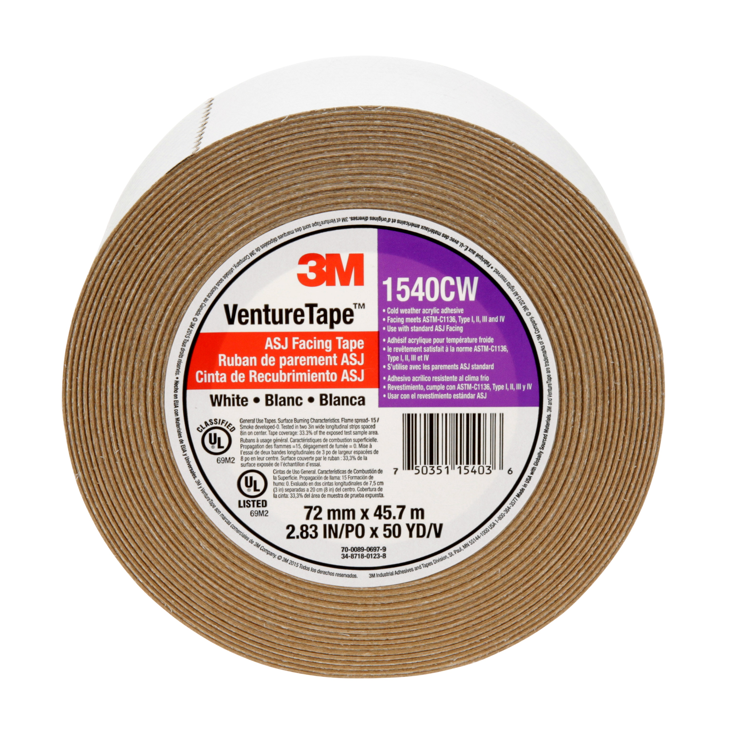 Ruban de parement ASJ 1540CW Venture Tape(MC) 3M(MC) , blanc, 72 mm x 45,7 m, 16 rouleaux/caisse