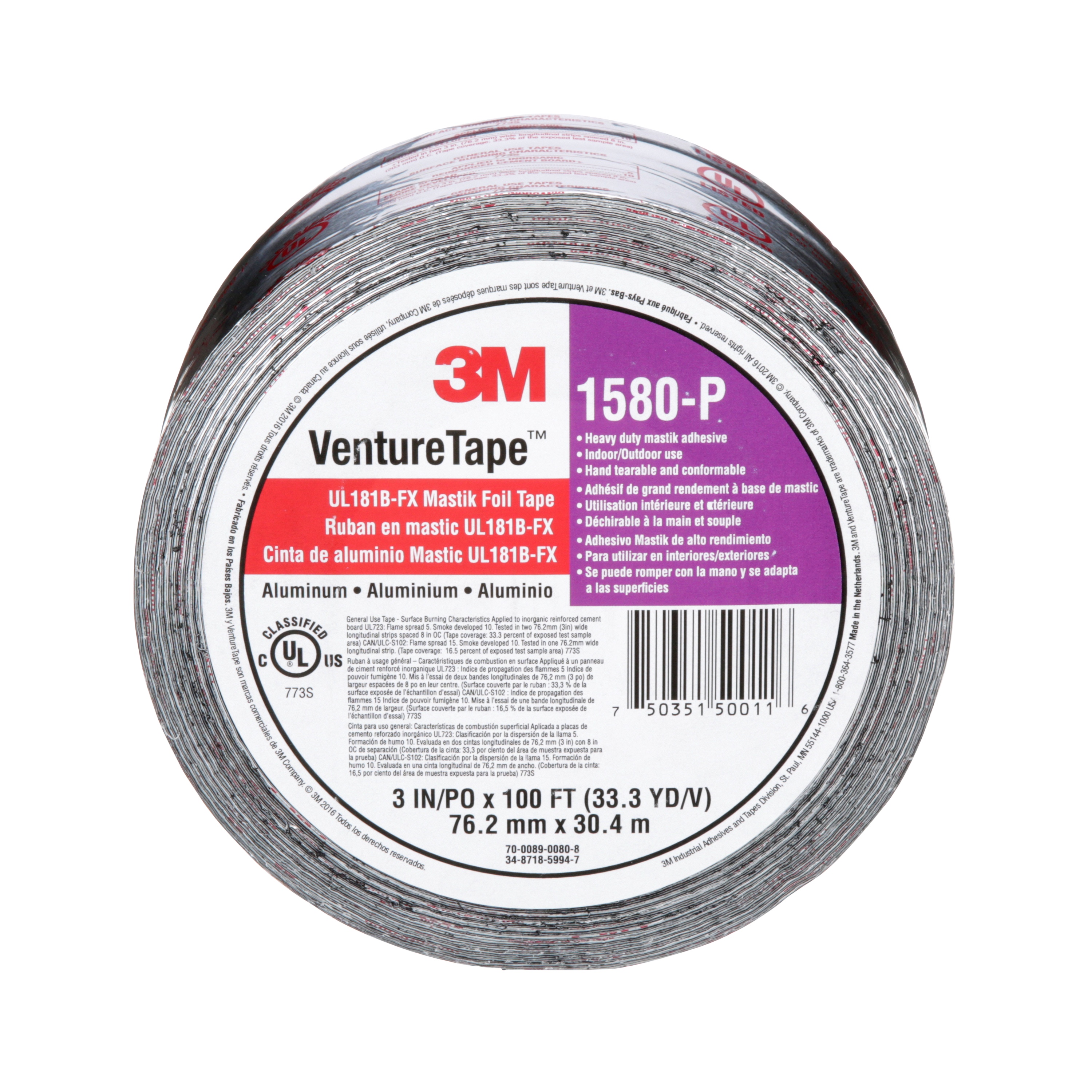 3M Venture Tape™ UL181B-FX Mastik Foil Tape, 1580-P, Silver, 3 in x 100 ft (76.2 mm x 30.5 m), 16/Case