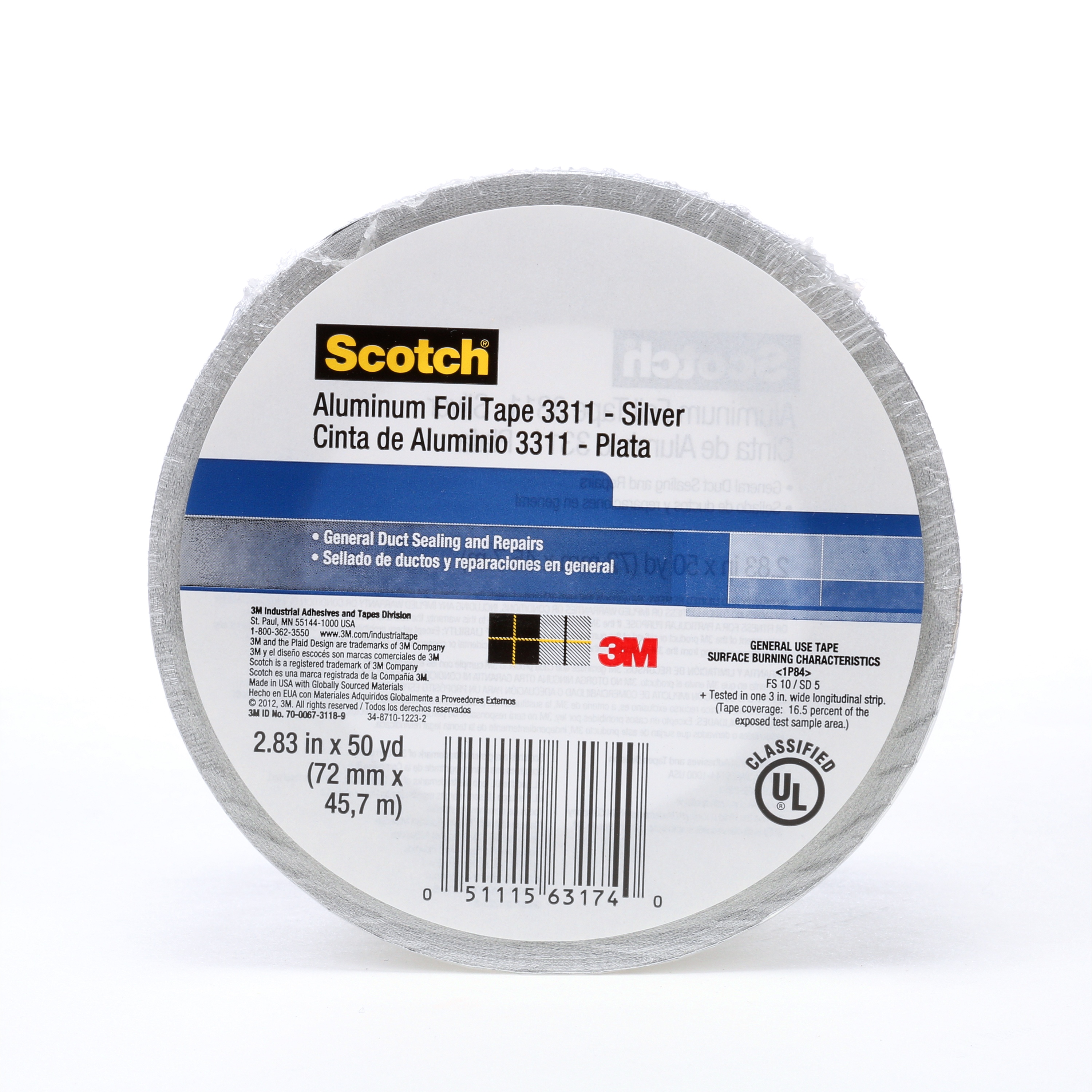 Ruban en aluminium Scotch(MC) 3311, argent, 71.88 mm x 45.72 m (2.83 po x 50 vg), 3.6 mil, 6 rouleaux/caisse