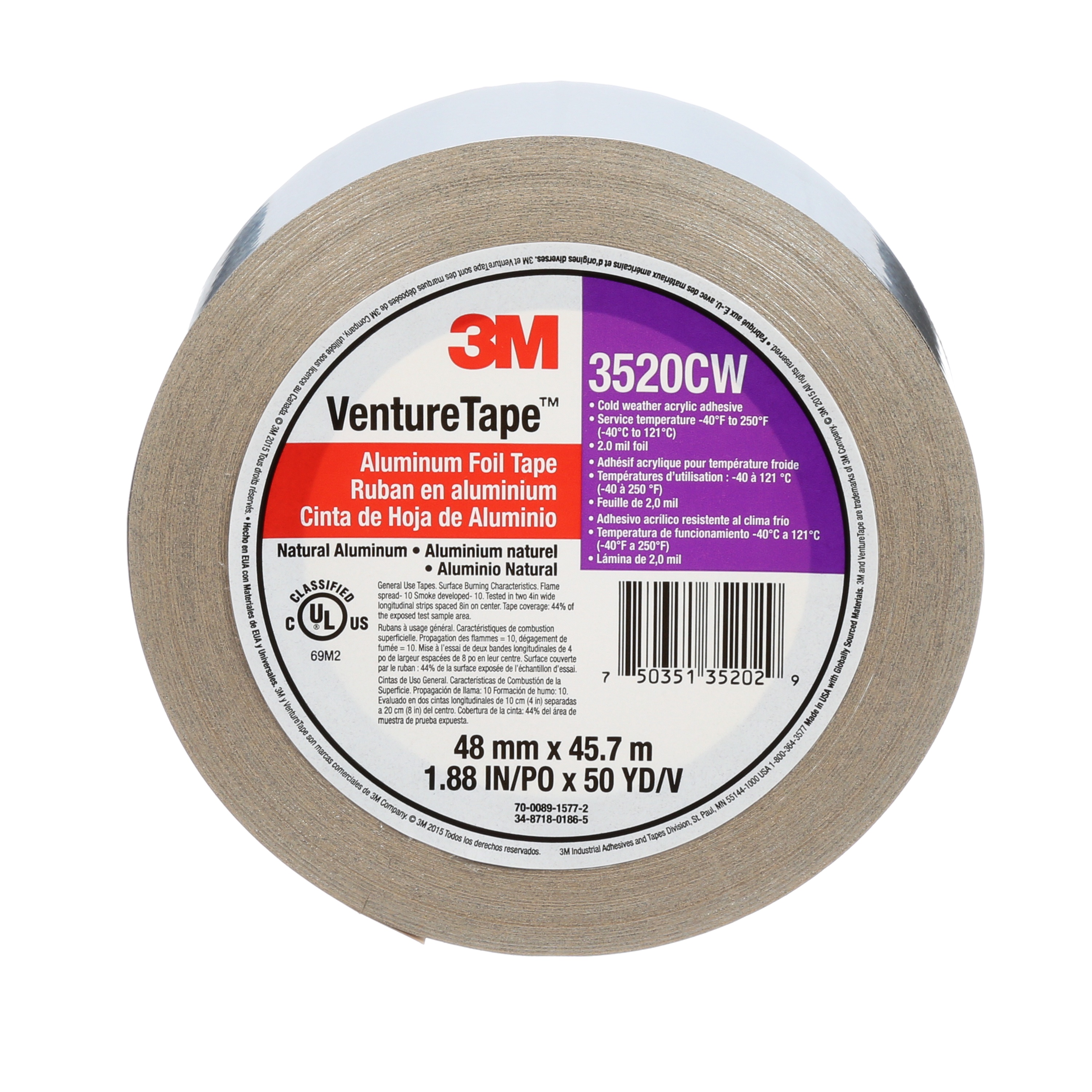Ruban en pellicule d’aluminium 3520CW Venture Tape(MC) 3M(MC), argent, 48 mm x 45,7 m, 3,7 mil, 24 rouleaux par caisse