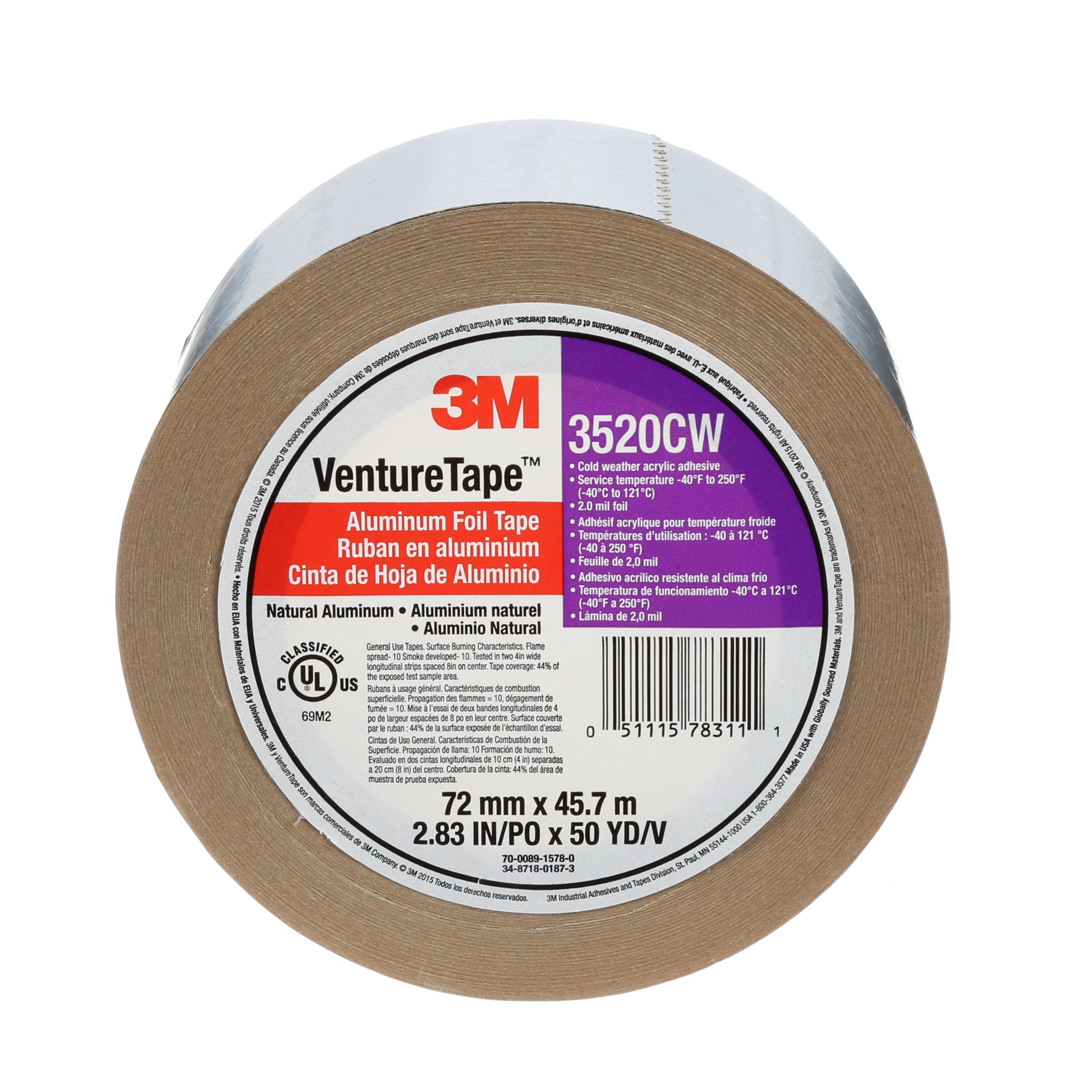 Ruban en pellicule d’aluminium 3520CW Venture Tape(MC) 3M(MC), argent, 72 mm x 45,7 m, 3,7 mil, 16 rouleaux par caisse