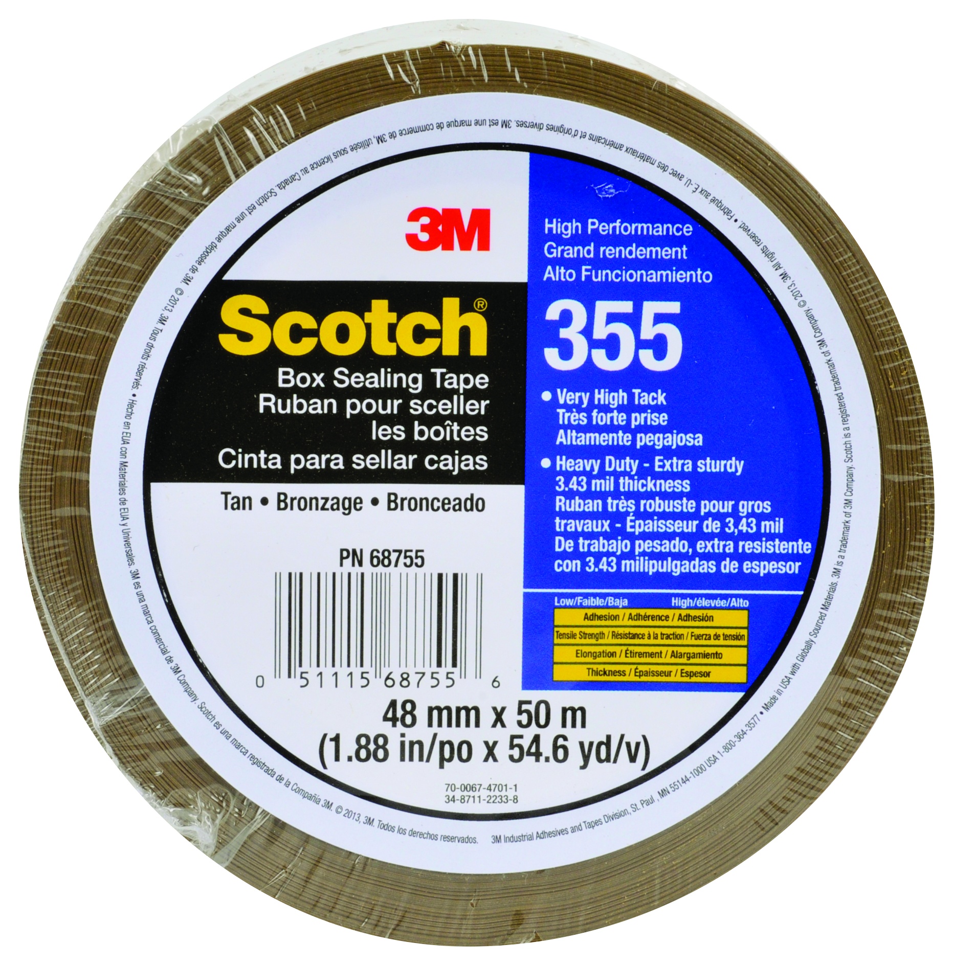 Ruban pour sceller les boîtes Scotch(MD), 355, havane, 48 mm x 50 m, en vrac
