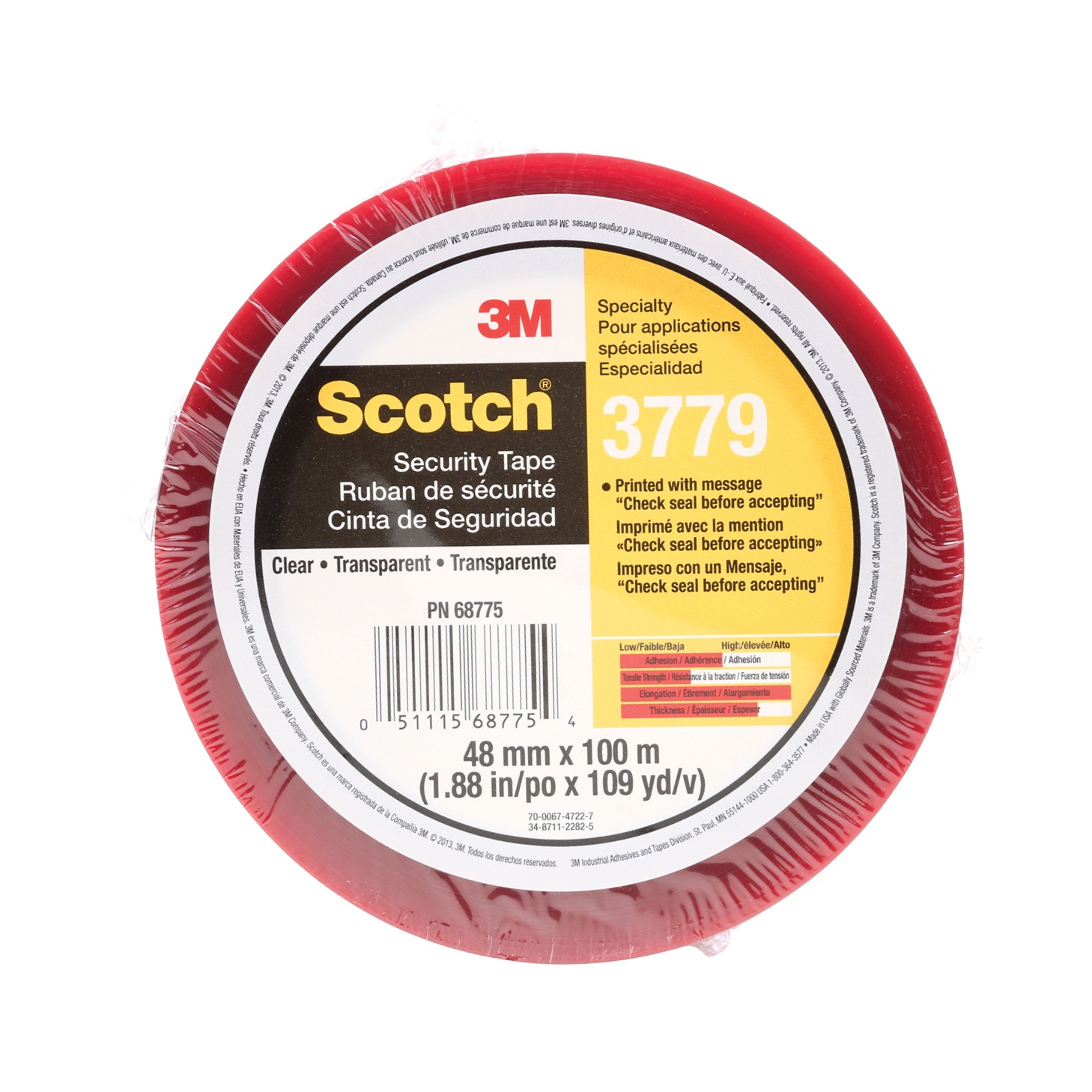 Ruban de scellage de boîte avec message de sécurité Scotch(MD), 3779, transparent, 48 mm x 100 m, vrac