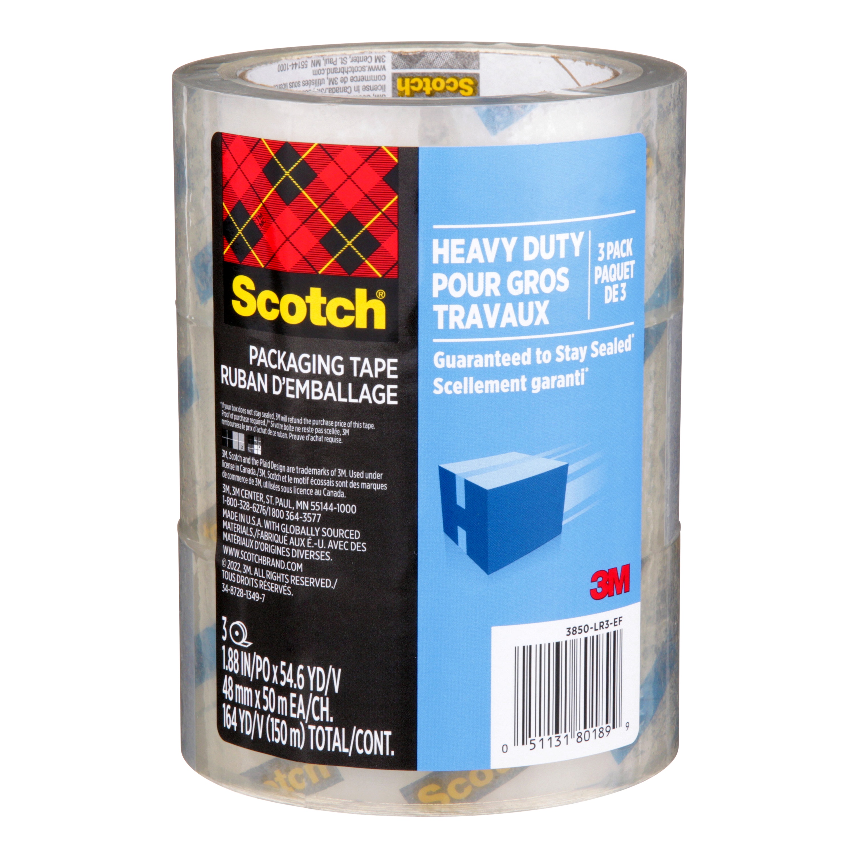 Scotch® Heavy Duty Shipping Packaging Tape 3850-LR3-EF4CC, 1.88 in x 54.6 yd (48 mm x 50 m)
