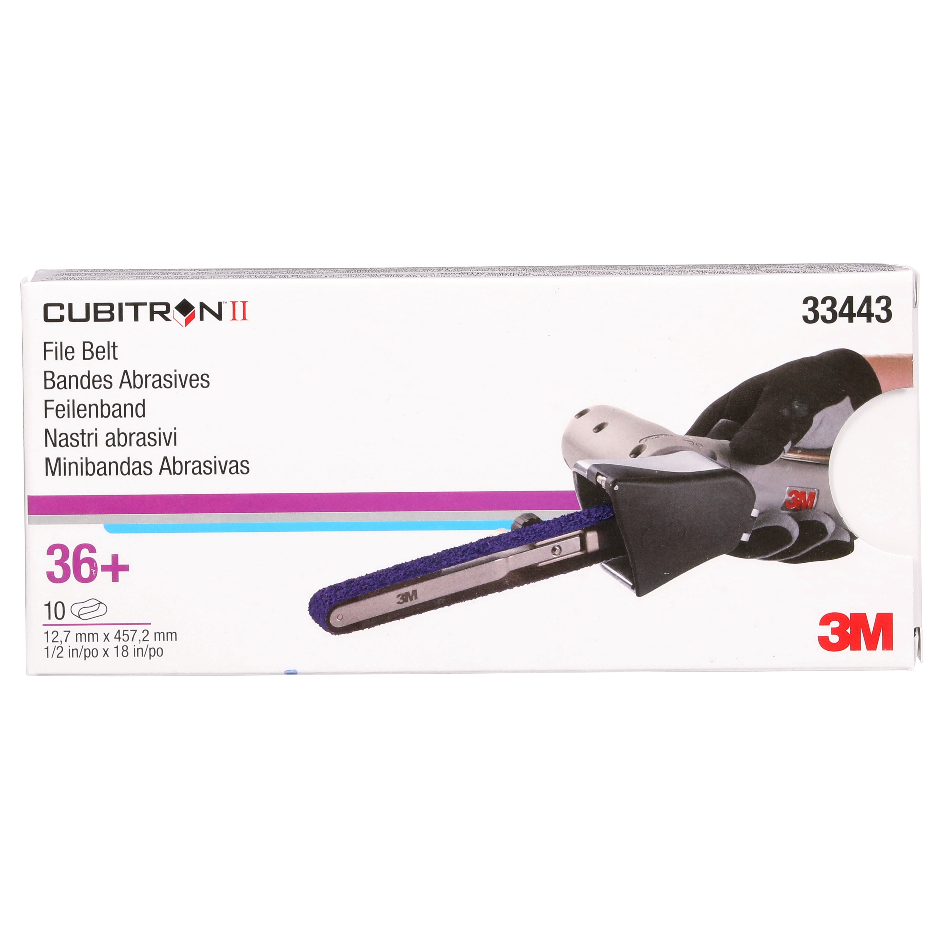 Bande abrasive Cubitron(MC) II 3M(MC), 33443, 36+, 12,7 mm x 457,2 mm (1/2 po x 18 po), 10 courroies par carton, 5 cartons par caisse