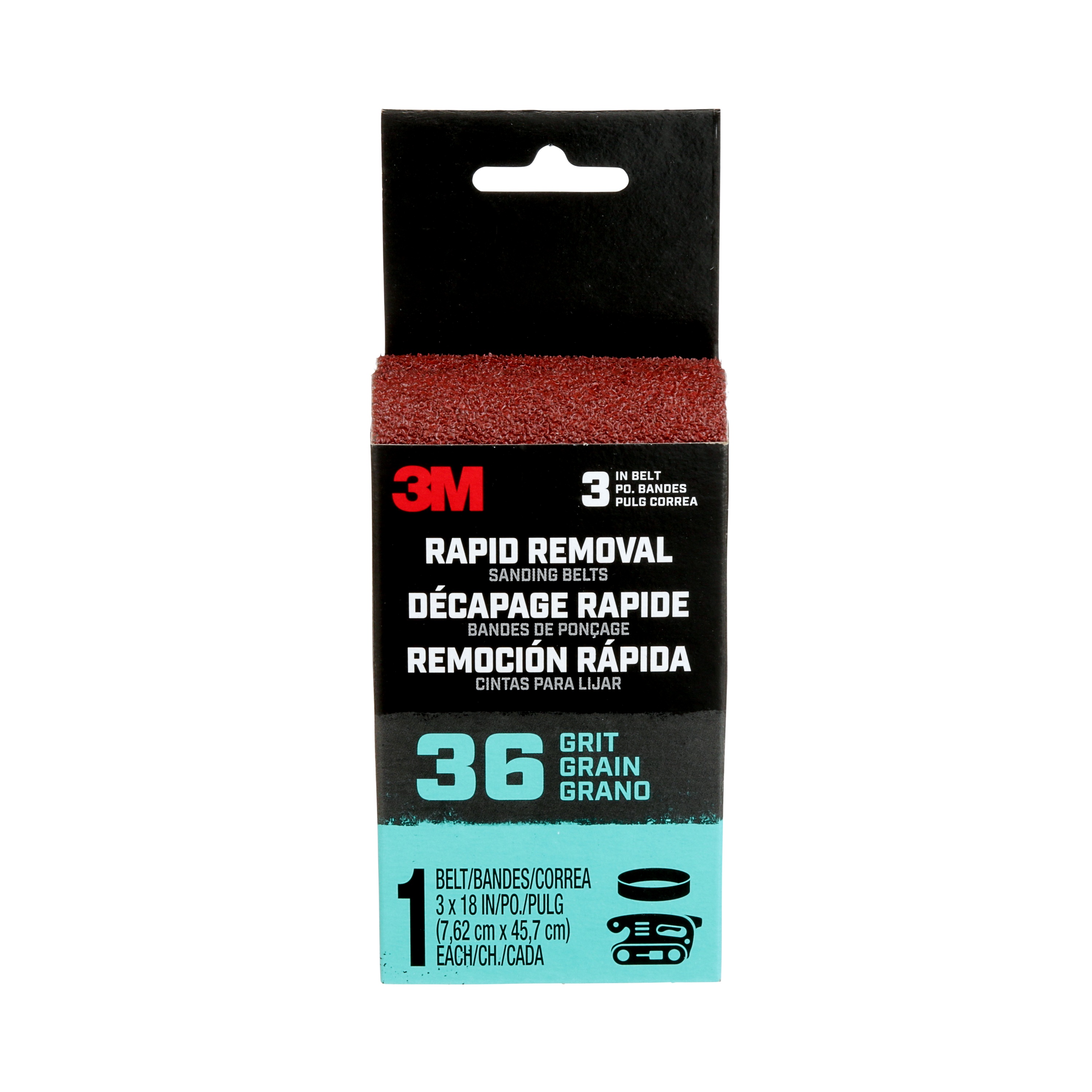 Bande de ponçage mécanique à retrait rapide 3M(MC), 3 × 18 po, grain 36, bandes 3x181 emballage de 36 pièces, 1 paquet, 10 paquets par carton