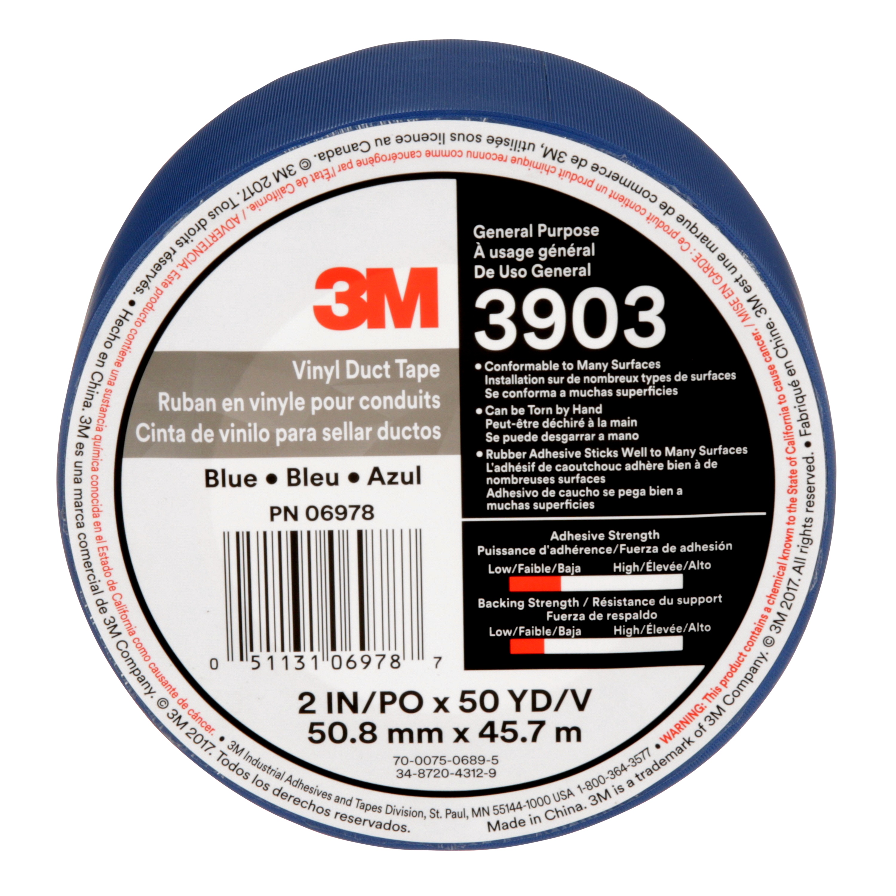 Ruban pour conduits en vinyle 3M(MC), 3903, bleu, 50,8 mm x 45,7 m (2 po x 50 v), 24/caisse