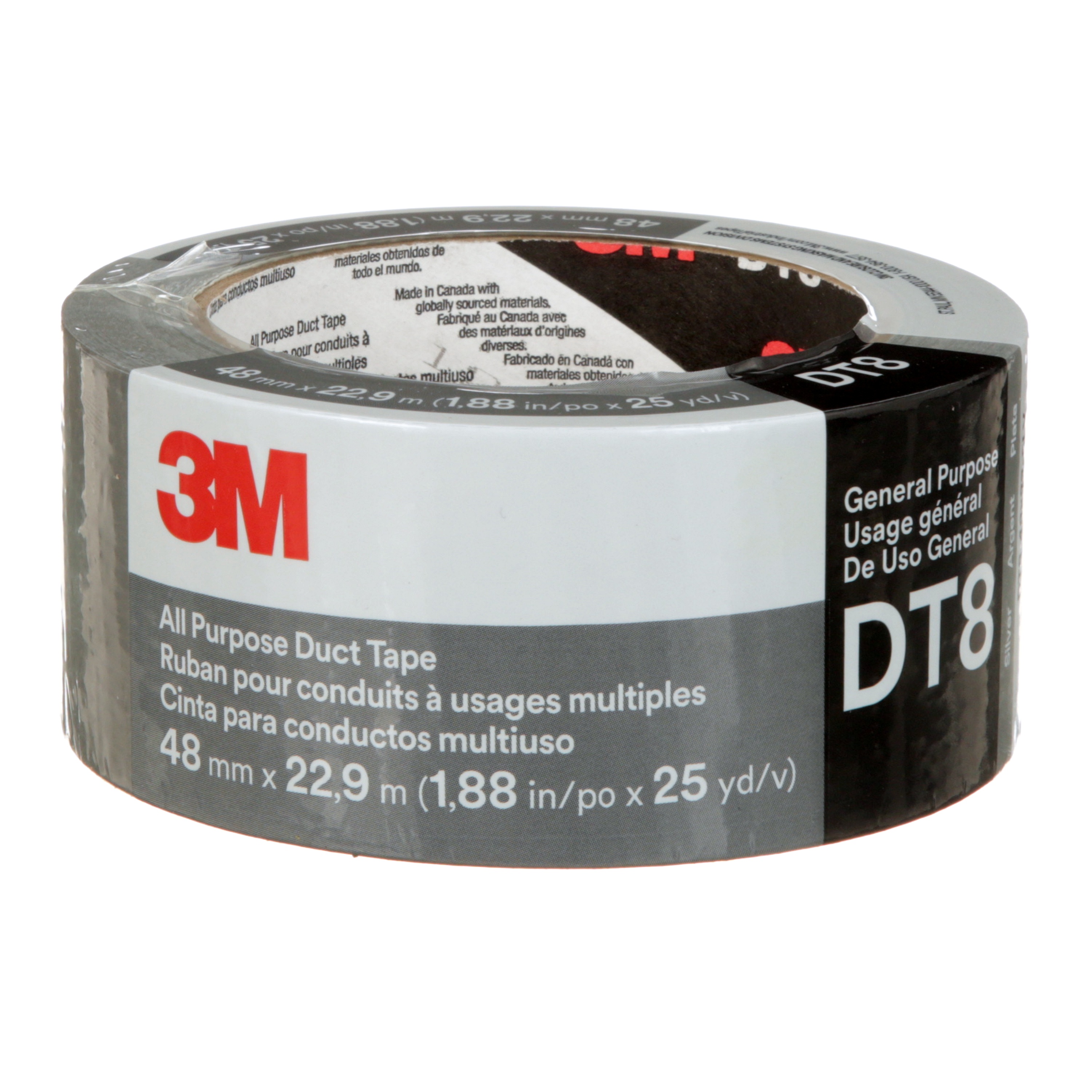 3M All Purpose Duct Tape, DT8, silver, 1 89/100 in x 22 9/10 ft (48 mm x 22.9 m), 8 mil, 24 rolls per case