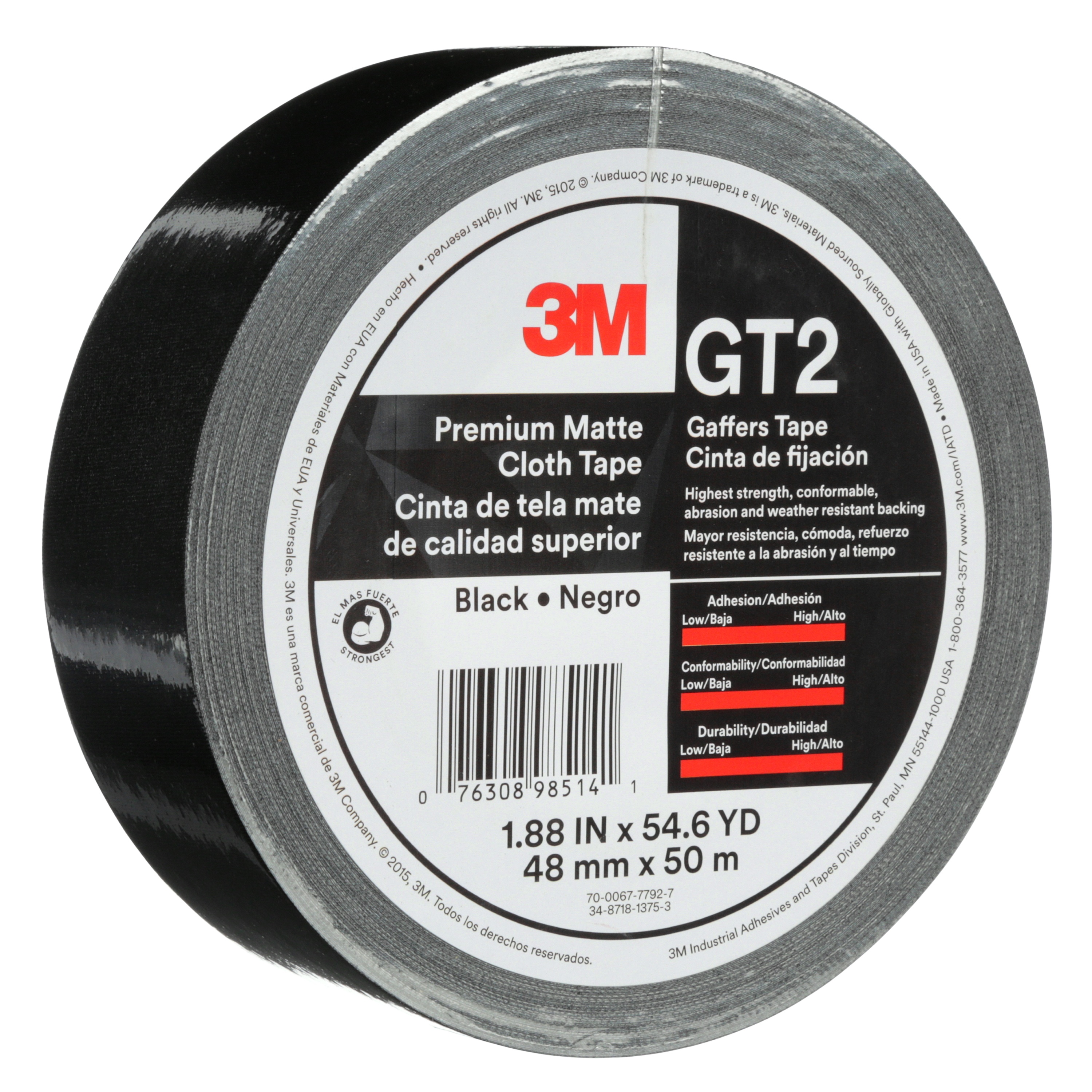 Ruban (adhésif) en toile mate de qualité supérieure 3M(MC), GT2, Noir, 48 mm x 50 m, 11 mil, 24 par caisse