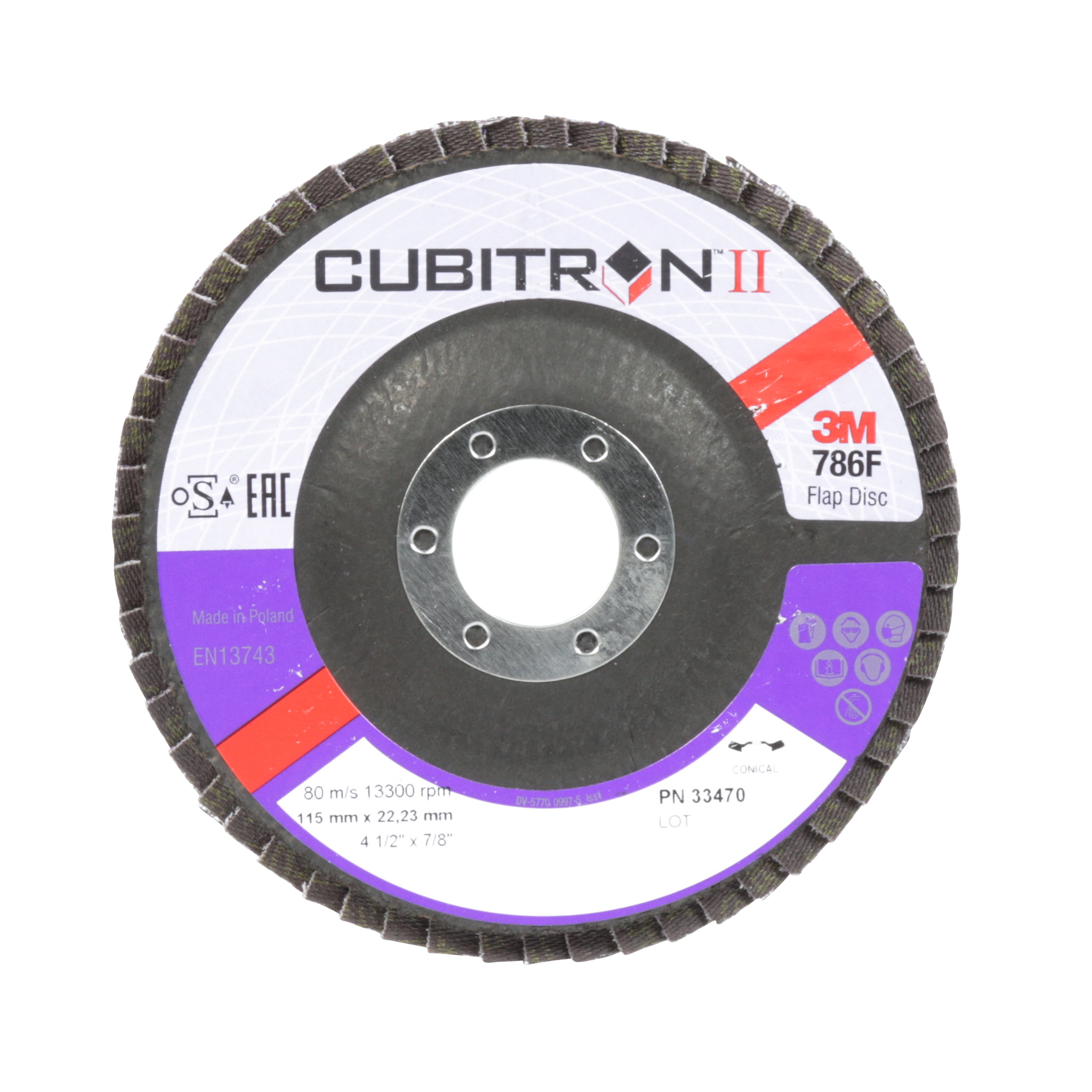3M Cubitron™ II Flap Disc, 33470, T29, 40+, 4.5 in x 7/8 in (11.4 cm x 2.25 cm), 5 Discs/Carton, 6 Cartons/Case