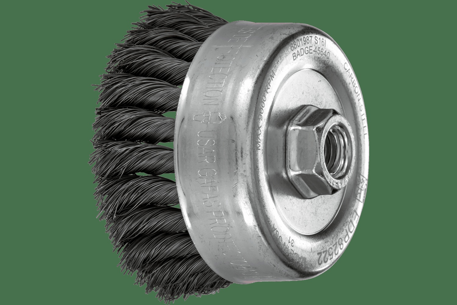 PFERD TOOLS Brosse boisseau à fils torsadés PSF 4" Diam. .014 Acier au carbone 5/8-11" Filetage Détail