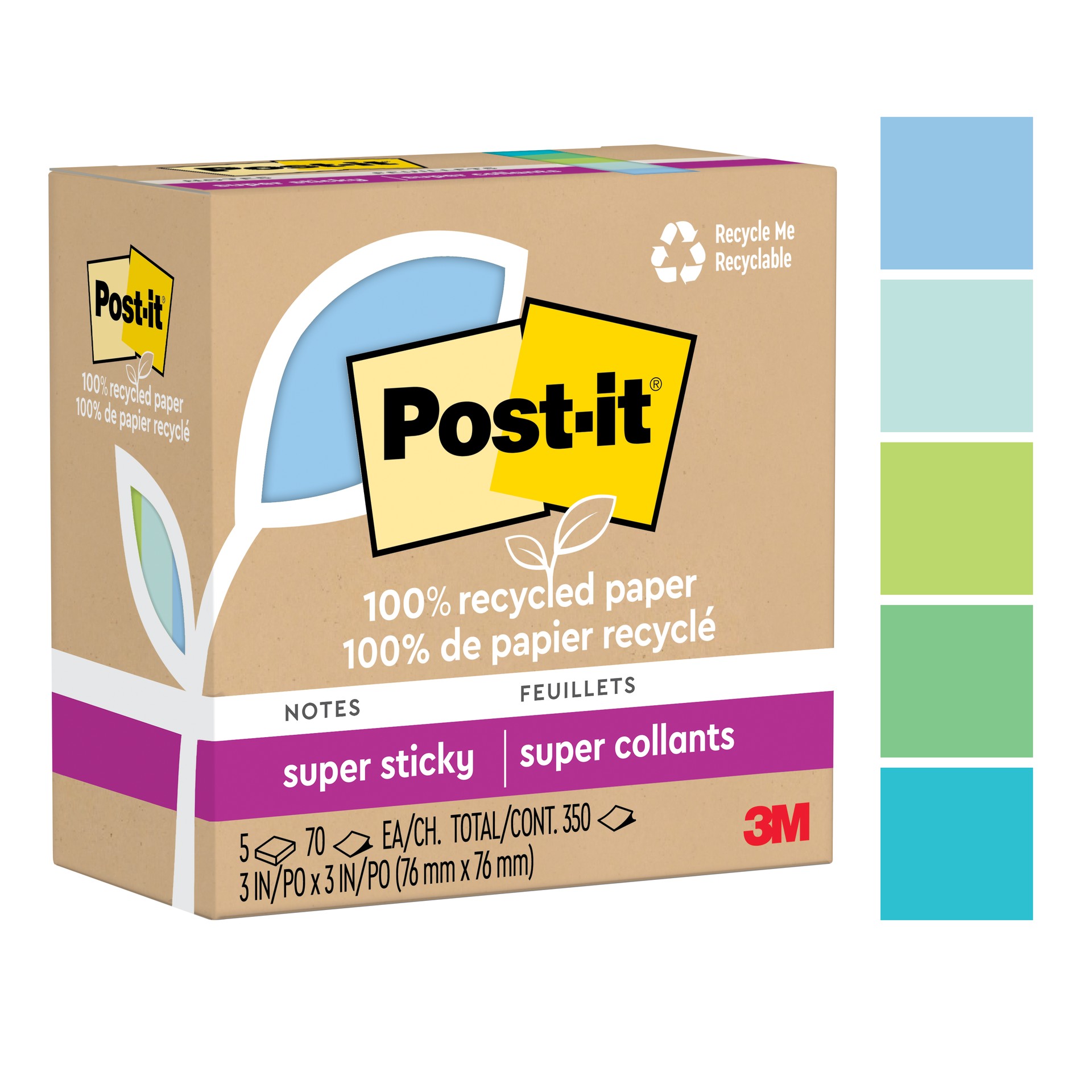 Post-it® 100% Recycled Paper Super Sticky Notes 654R-5SST, Oasis Collection, 3 in x 3 in, 5 Pads/Pack, 70 Sheets/Pad