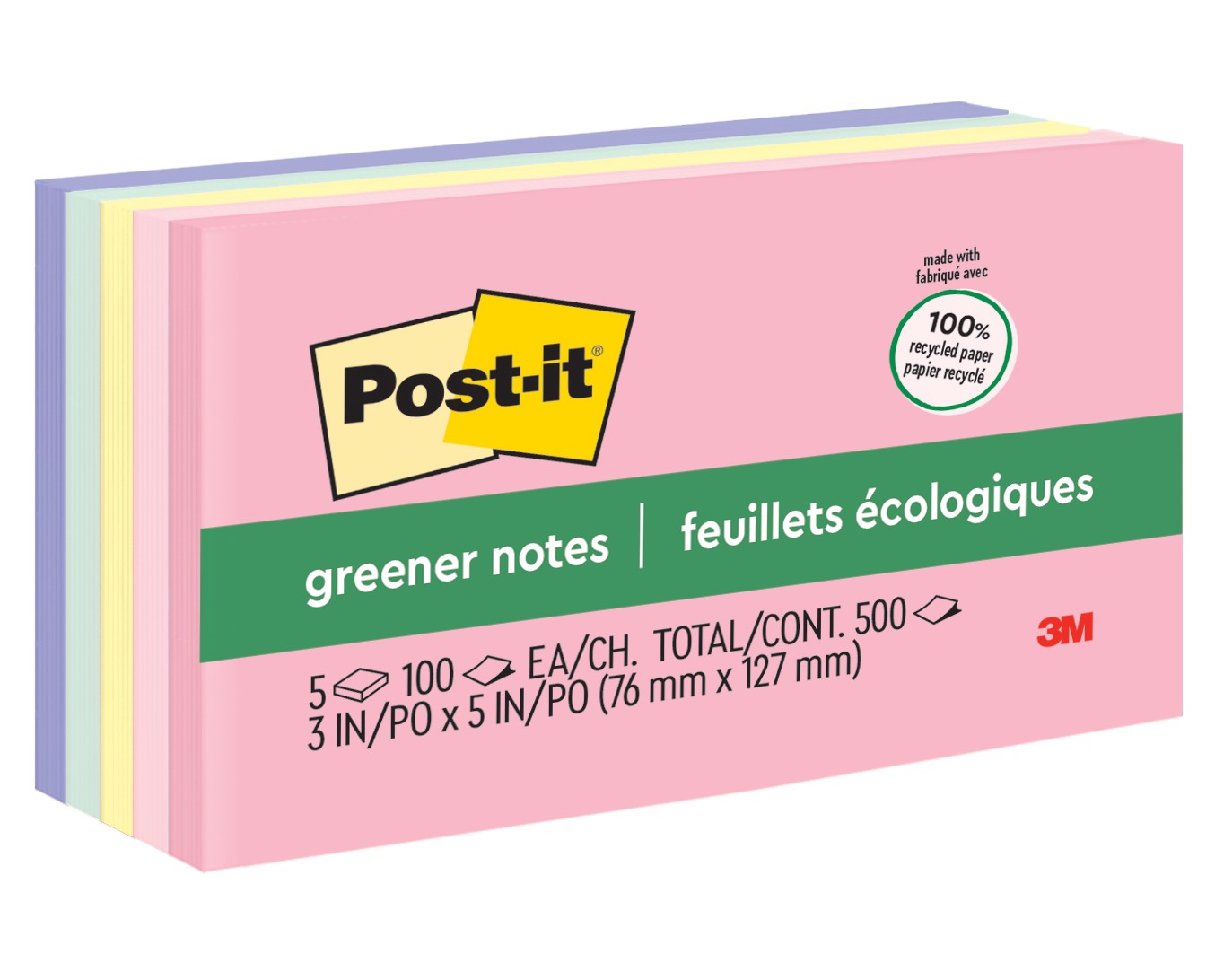 Post-it® Greener Notes 655-RP-A-C, Sweet Sprinkles Collection, 3 in x 5 in, 100 Sheets/Pad, 5 Pads/Pack