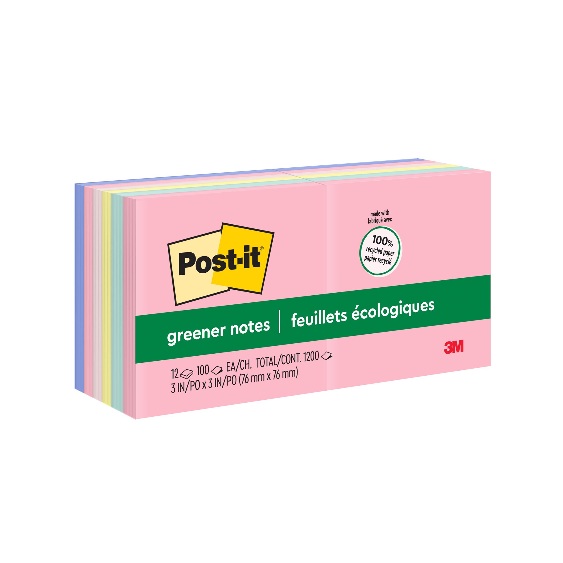 Post-it® Greener Notes 654-RP-A, Sweet Sprinkles Collection, 3 in x 3 in (76 mm x 76 mm), 100 Notes/Pad, 12 Pads/Pack
