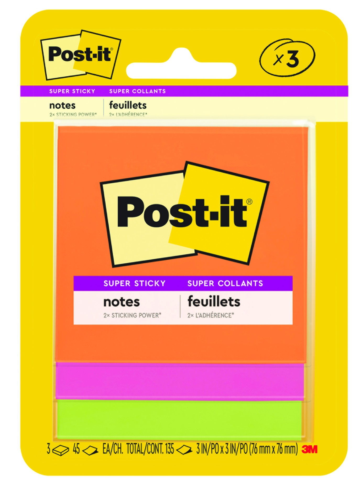 Post-it® Super Sticky Notes 3321-SSAU, Energy Boost Collection, 3 in x 3 in (76 mm x 76 mm), 3 Pads/Pack, 45 Sheets/Pad