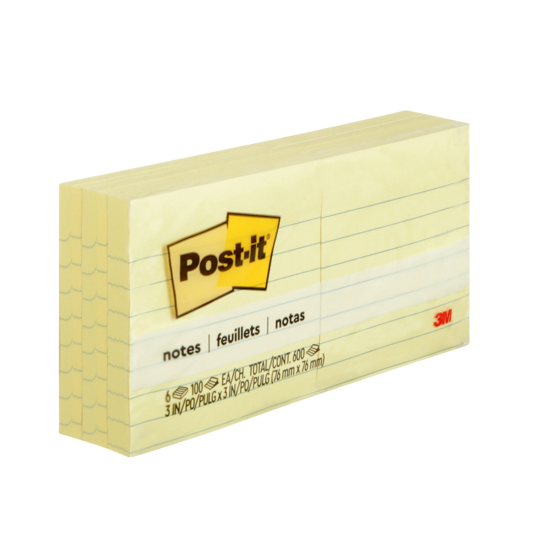 Feuillets Post-it®, 630-6PK, jaune canari, ligné, 76,2 x 76,2 mm (3 x 3 po), 6 blocs/ paquet