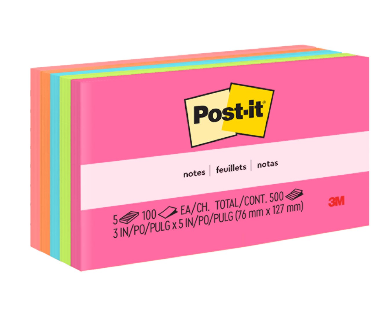 Post-it® Notes 655-5PK, Poptimistic Collection, 3 in x 5 in (76 mm x 127 mm), 5 Pads/Pack, 100 Sheets/Pad