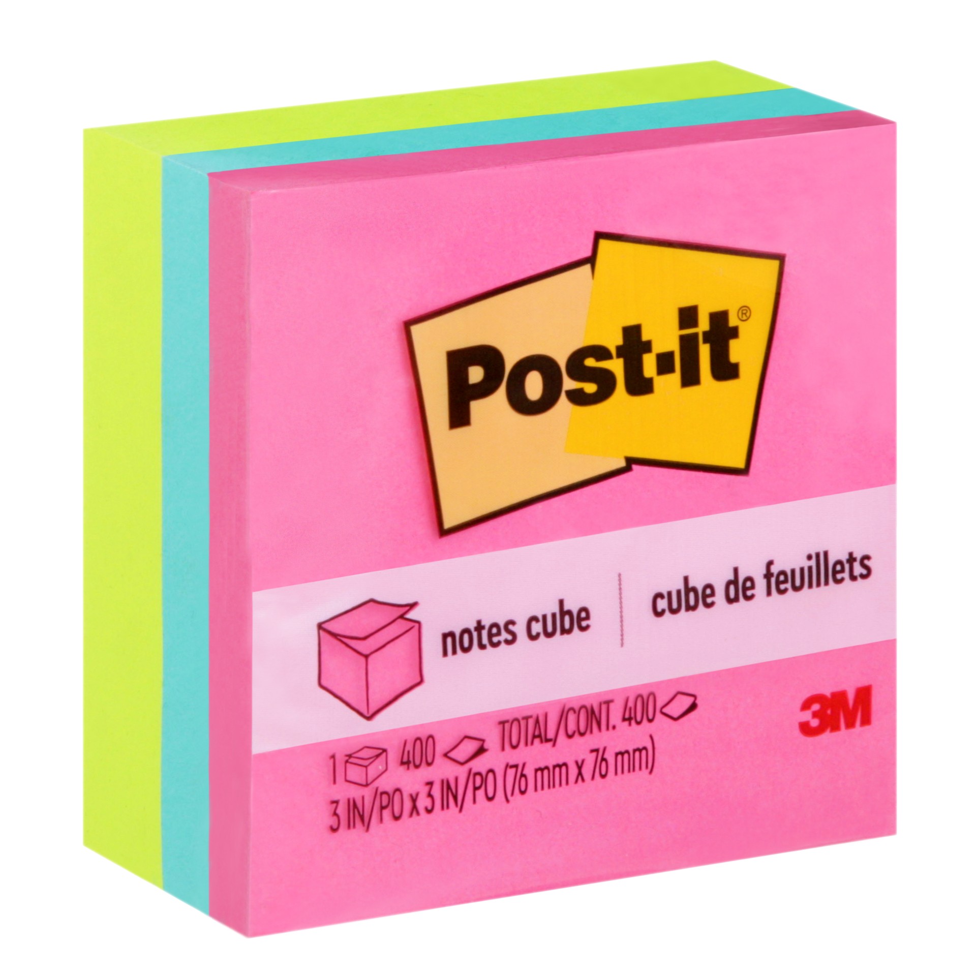 Post-it® Notes Cube 2027-BRT, Bright Colours, 3 in x 3 in (76 mm x 76 mm), 1 Cube/Pack, 400 Sheets/Cube