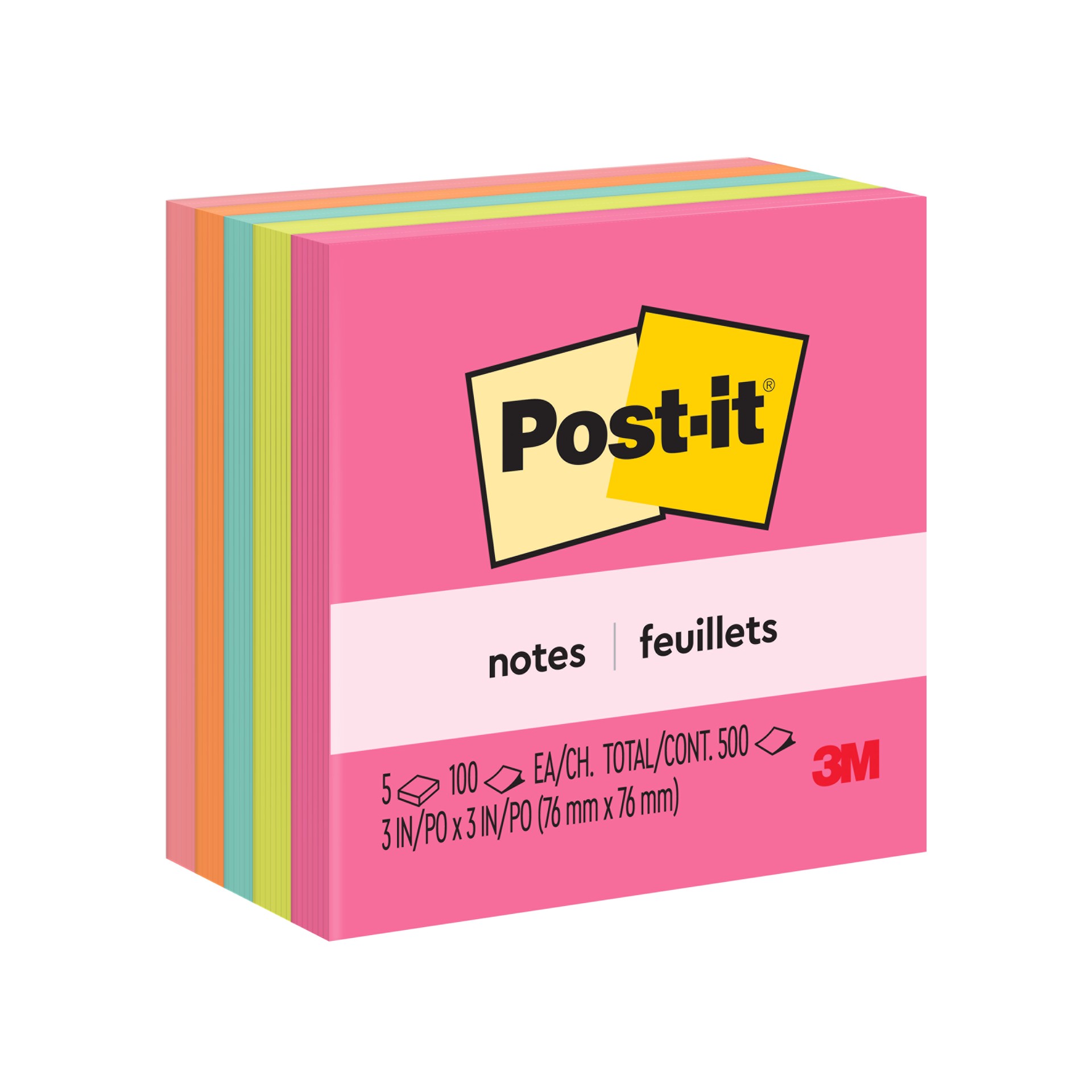 Post-it® Notes 654-5PK, Poptimistic Collection, 3 in x 3 in (7.6 cm x 7.6 cm), 100 sheets per pad, 5 pads per pack