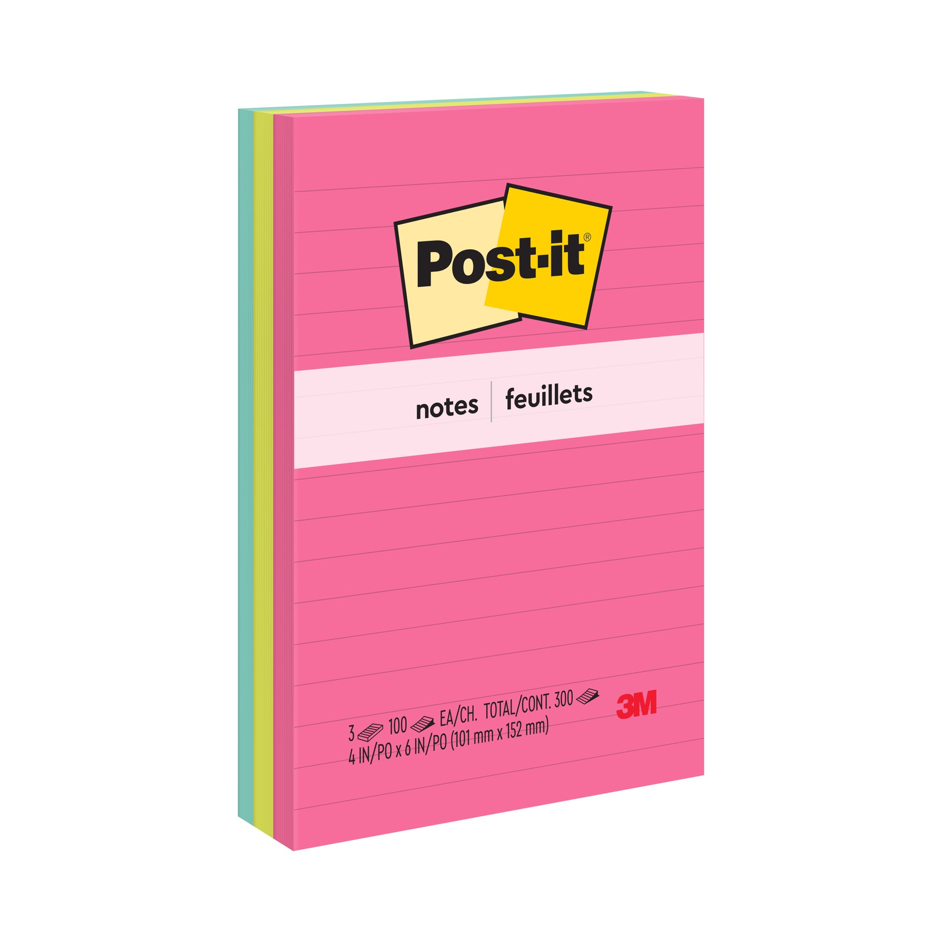Post-it® Notes 660-3AN, Poptimistic Collection, lined, 4 in x 6 in (10 cm x 15 cm), 100 sheets per pad