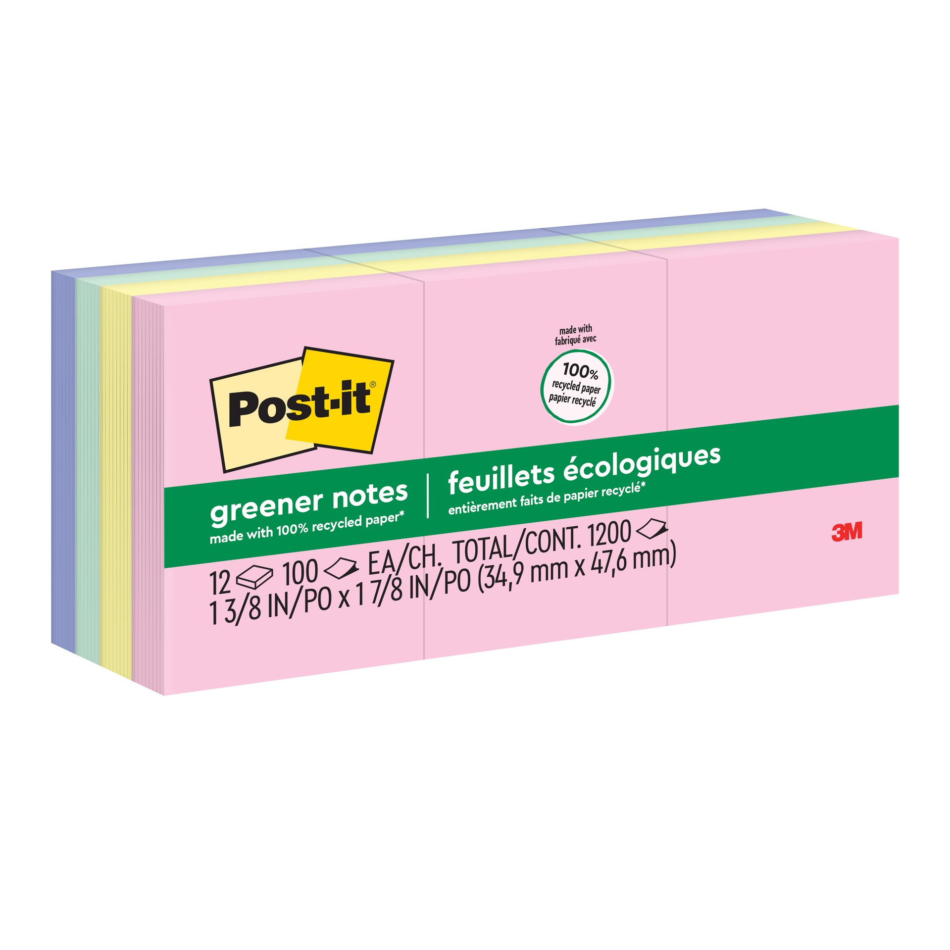 Post-it® Greener Notes 653-RP-A, Sweet Sprinkles Collection, 1 3/8 in x 1 7/8 in (34.9 mm x 47.6 mm), 100 Notes/Pack, 12 Pads/Pack