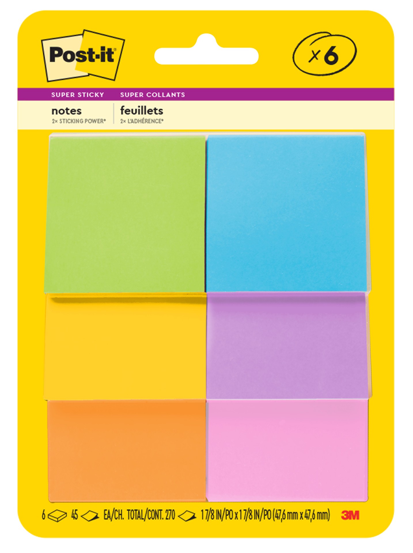 Post-it® Super Sticky Notes 622-6SSAU, Energy Boost Collection, 1 7/8 in x 1 7/8 in (47.6 mm x 47.6 mm), 8 Pads/Pack, 90 Sheets/Pad