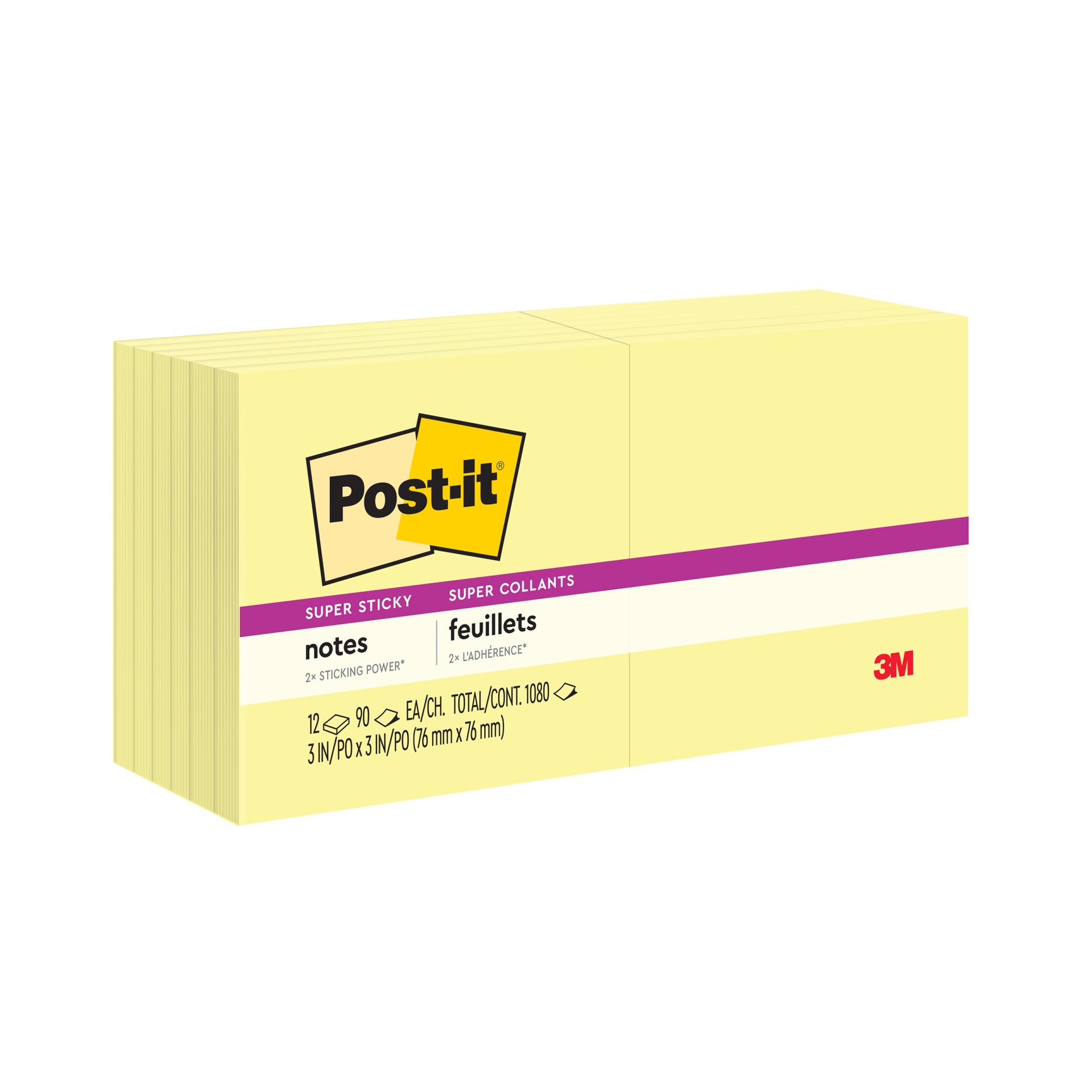 Post-it® Super Sticky Recycled Notes 654-12SSCY, Canary Yellow, 3 in x 3 in, 90 Sheets/Pad, 12 Pads/Pack