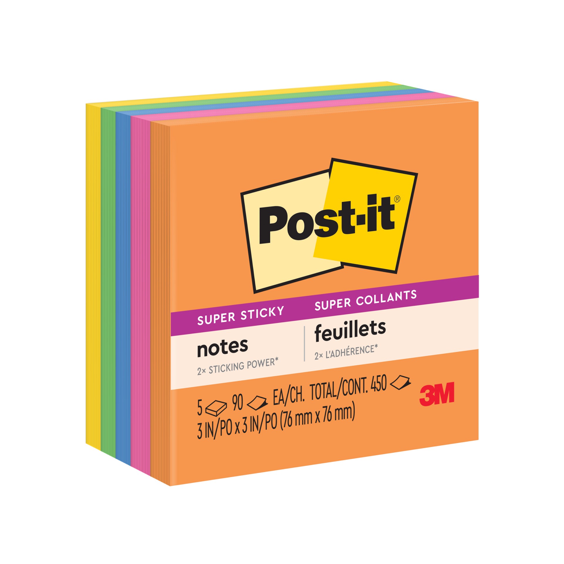 Post-it® Super Sticky Notes 654-5SSUC, Energy Boost Collection, 3 in x 3 in (7.6 cm x 7.6 cm), 90 Sheets/Pad, 5 Pads/Pack