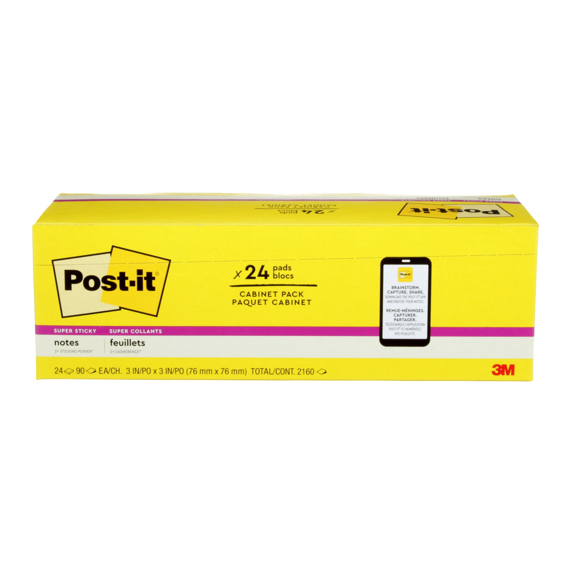 Post-it® Super Sticky Notes 654-24SSCP, canary yellow, 3 in x 3 in (7.6 cm x 7.6 cm), 90 sheets per pad, 24 pads per pack