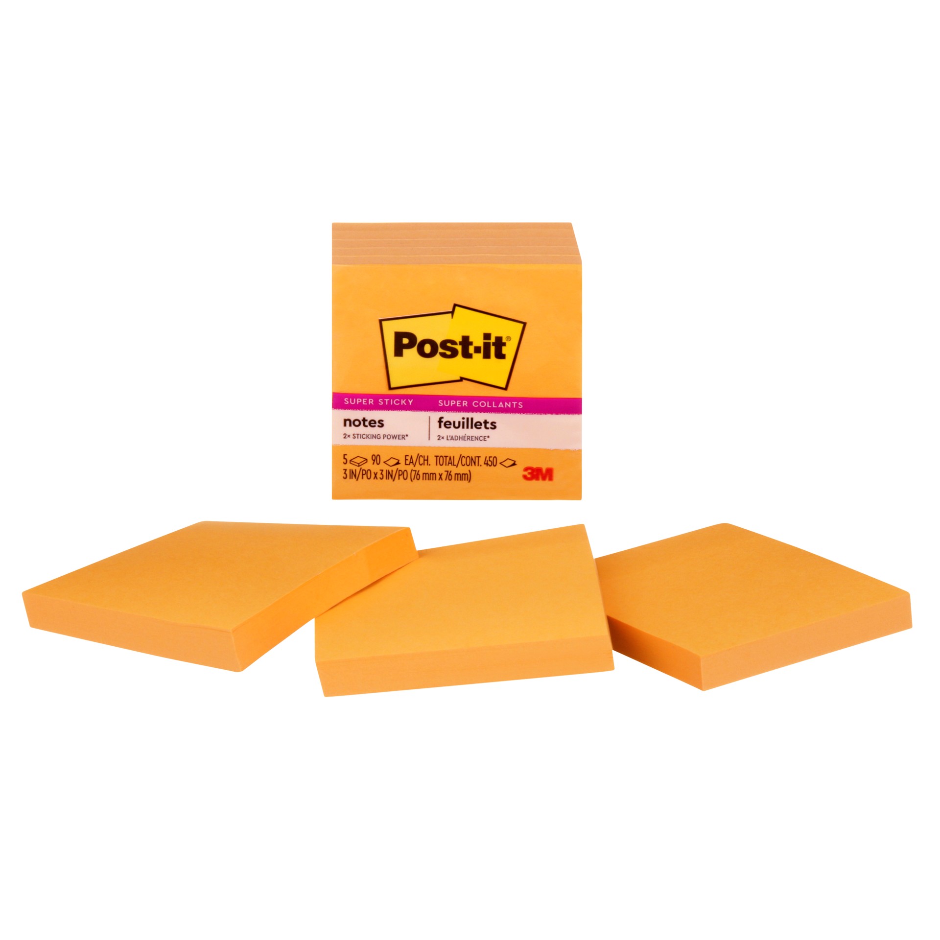 Post-it® Super Sticky Notes 654-5SSNO, Vital Orange, 3 in x 3 in (76 mm x 76 mm), 5 Pads/Pack, 90 Sheets/Pad
