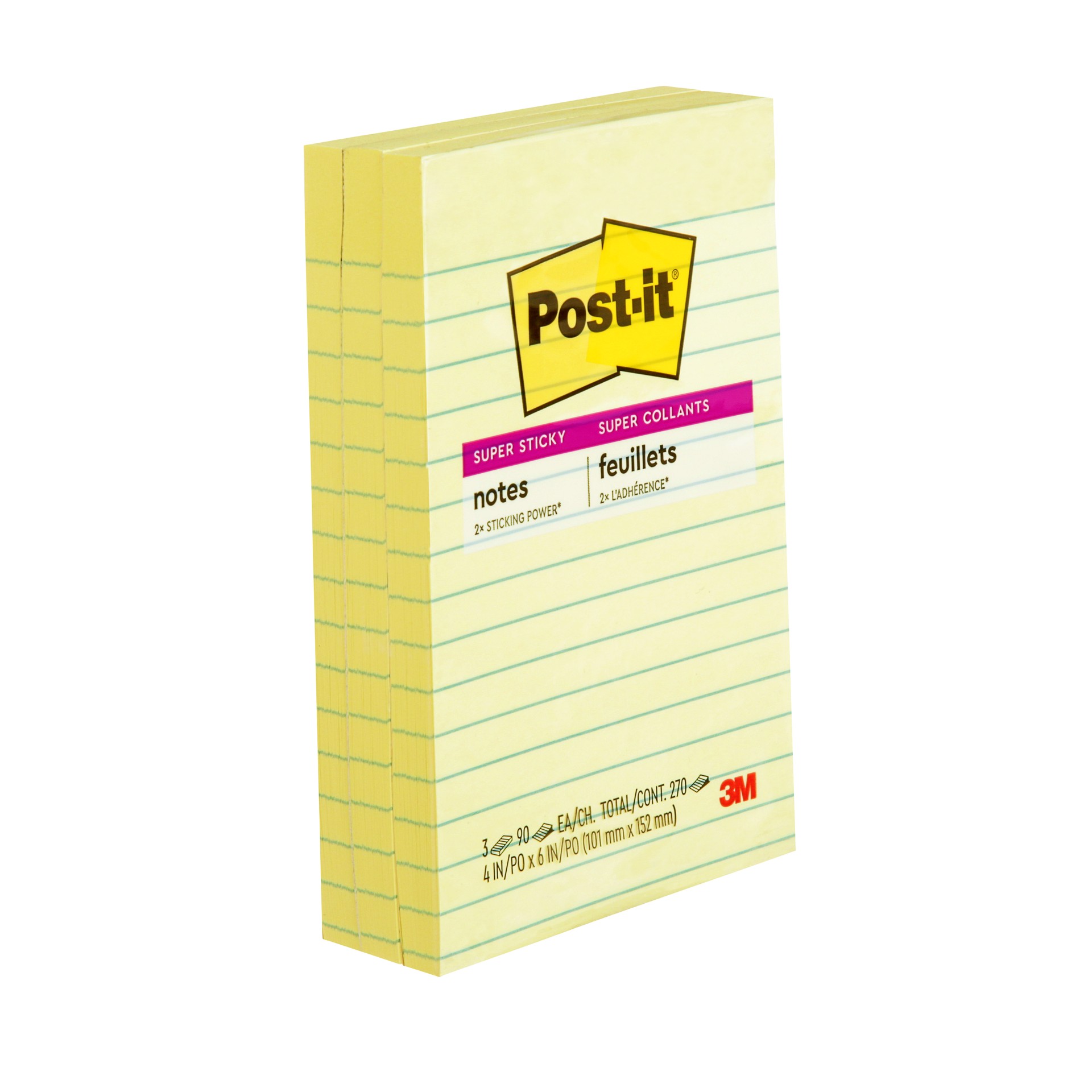 Post-it® Super Sticky Notes 660-3SSCY, canary yellow, lined, 4 in x 6 in (10.2 cm x 15.2 cm), 90 Sheets/Pad, 3 Pads/Pack