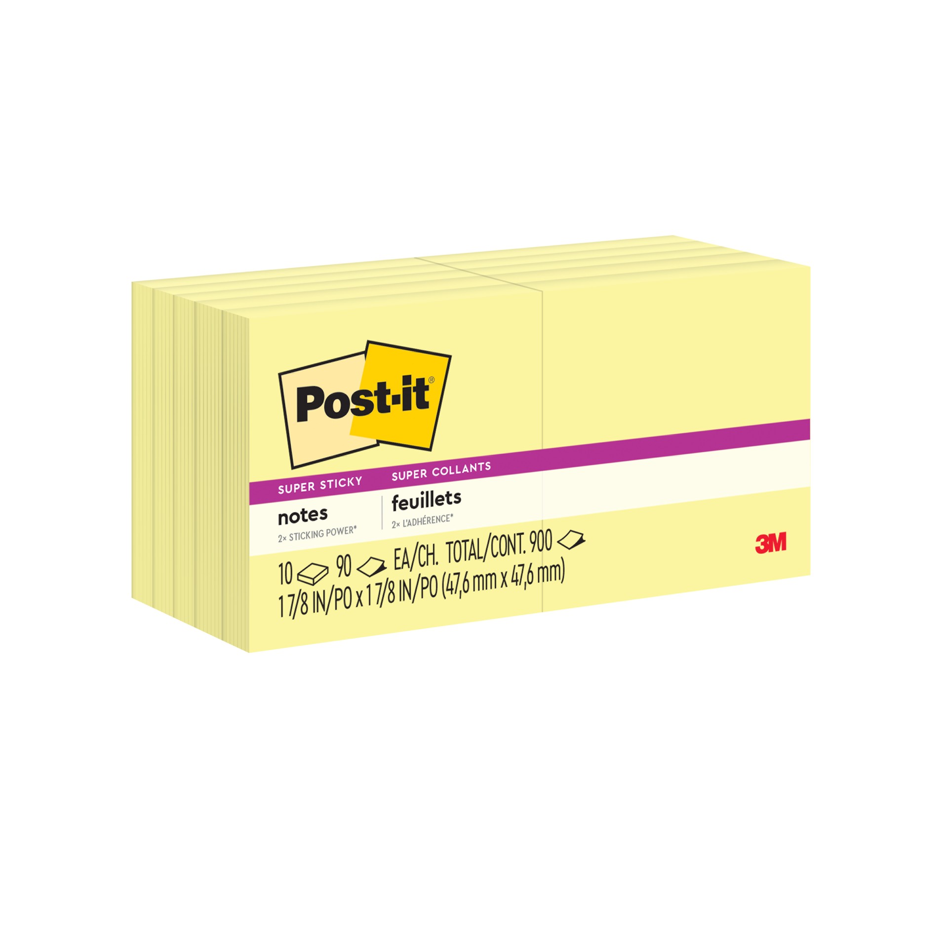Post-it® Super Sticky Notes 622-10SSCY, 1 7/8 in x 1 7/8 in (47.6 mm x 47.6 mm), 100% PEFC, SGSCH-PEFC-COC-110078