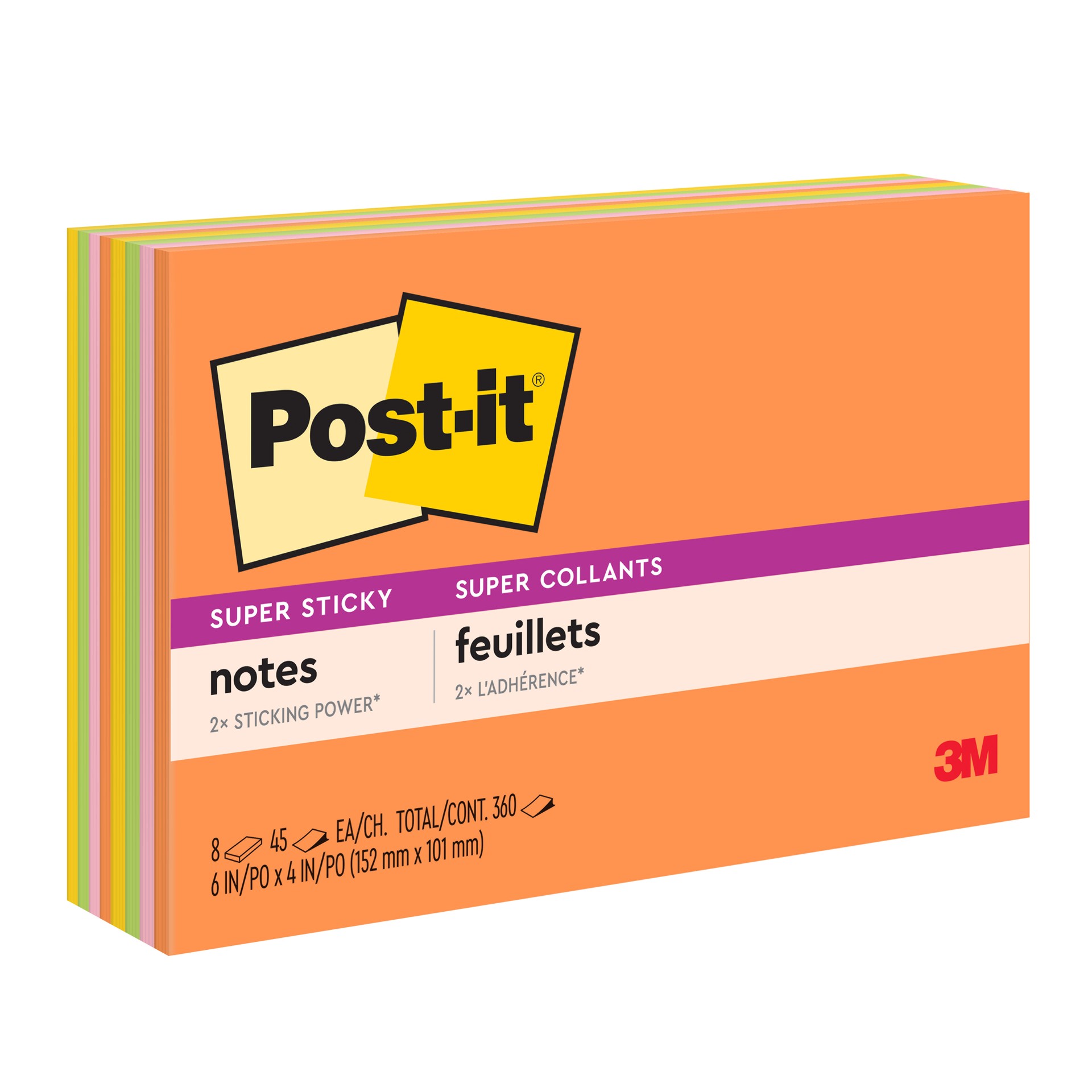Post-it® Super Sticky Notes 6445-SSP, Energy Boost Collection, 6 in x 4 in (15 cm x 10 cm), 45 Sheets/Pad, 8 Pads/Pack