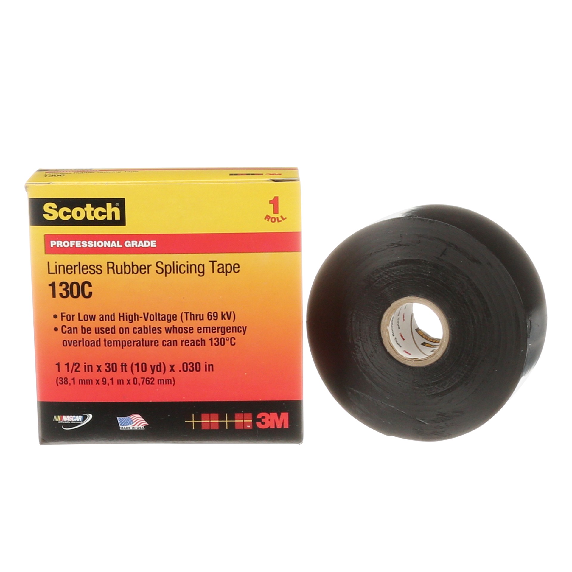 Scotch® Professional Grade Linerless Rubber Splicing Tape, 130C, black, 30 mil (0.76 mm), 2 in x 30 ft (50.8 mm x 9.1 m), professional grade